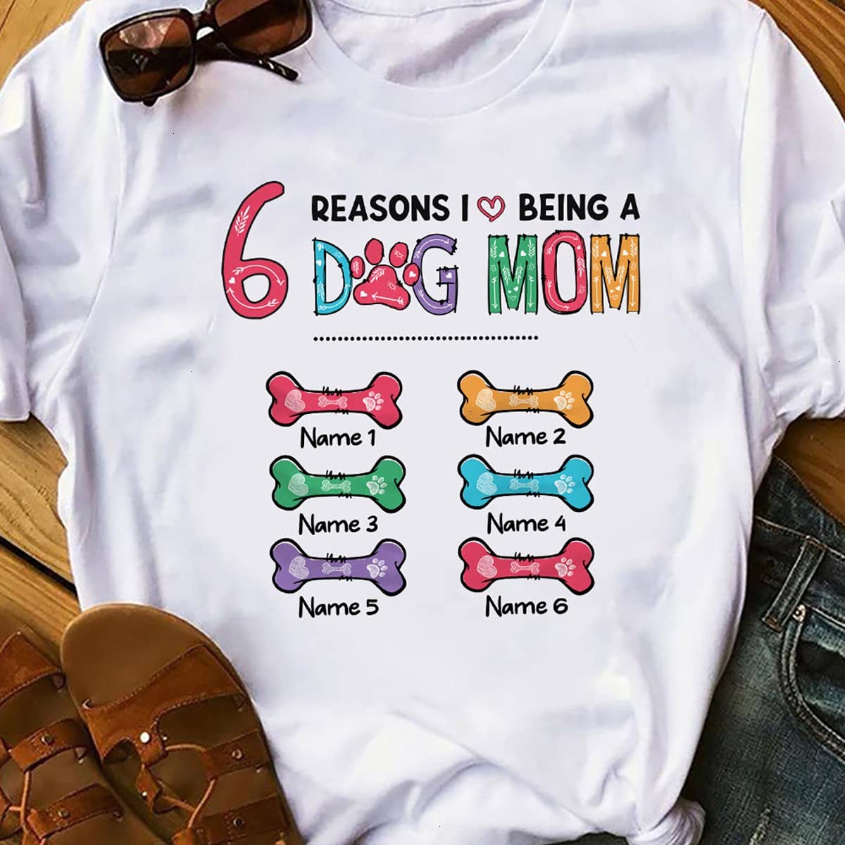 Custom Personalized '6 Reasons I Love Being A Dog Mom' T-Shirt for Women - Plus Size Dog Lover Shirt with Names - Perfect Gift for Dog Moms, Birthday & Mother's Day - Cute Casual Wear for Dog Parks & Pet Events