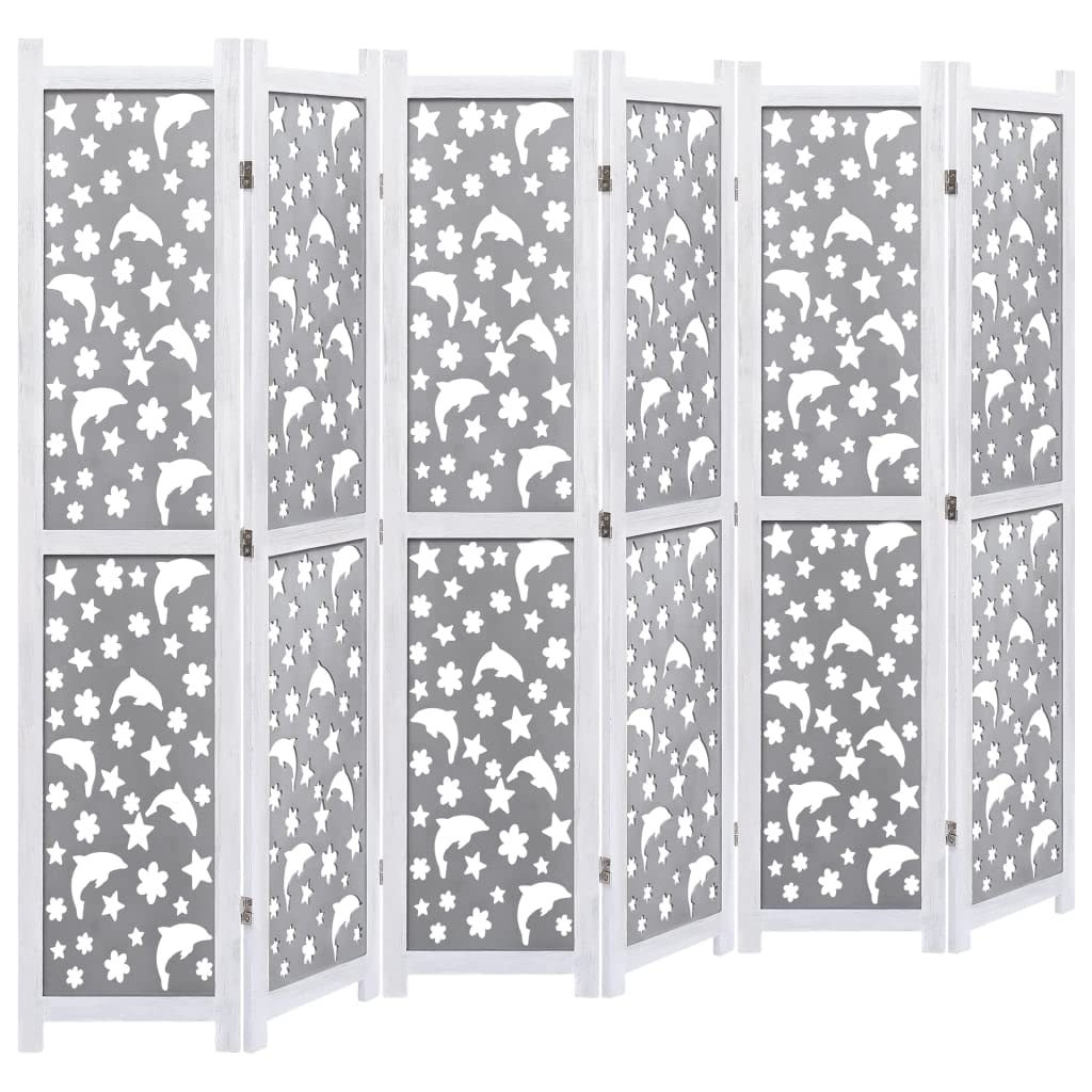 SKM 6-Panel Gray Room Divider Screen - 82.7 x 64.7 Inches Solid Wood Folding Partition for Home Office, Bedroom Privacy & Space Division