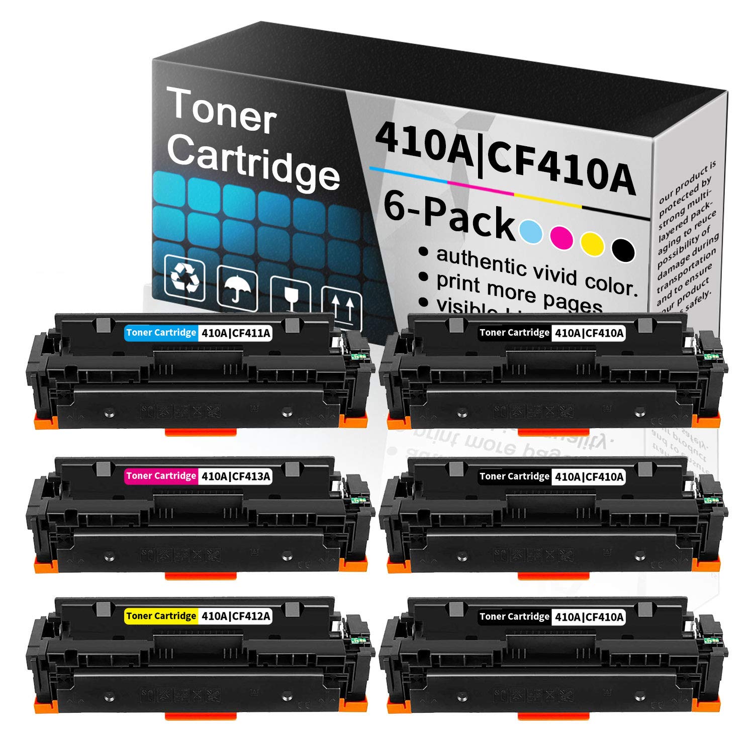 6-Pack (3BK+C+M+Y) Compatible Toner Cartridge Replacement for HP 410A | CF410A CF411A CF412A CF413A - Works with HP Color LaserJet Pro MFP M477fdn, M477fdw, M477fnw, M452dn, M452dw, M452nw Printers - High-Quality Printing for Office & Home Use