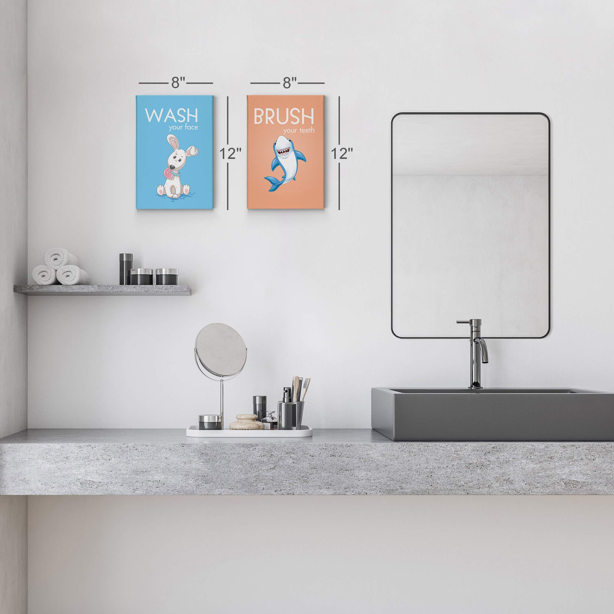 Funny Bathroom Wall Art Set - 2 Piece Canvas Prints with 'Wash Your Face Brush Your Teeth' Quote | Kids Nursery & Bathroom Decor | Ready to Hang (28x19 inches) | Perfect for Family Bathrooms, Kids' Rooms & Playful Home Decor