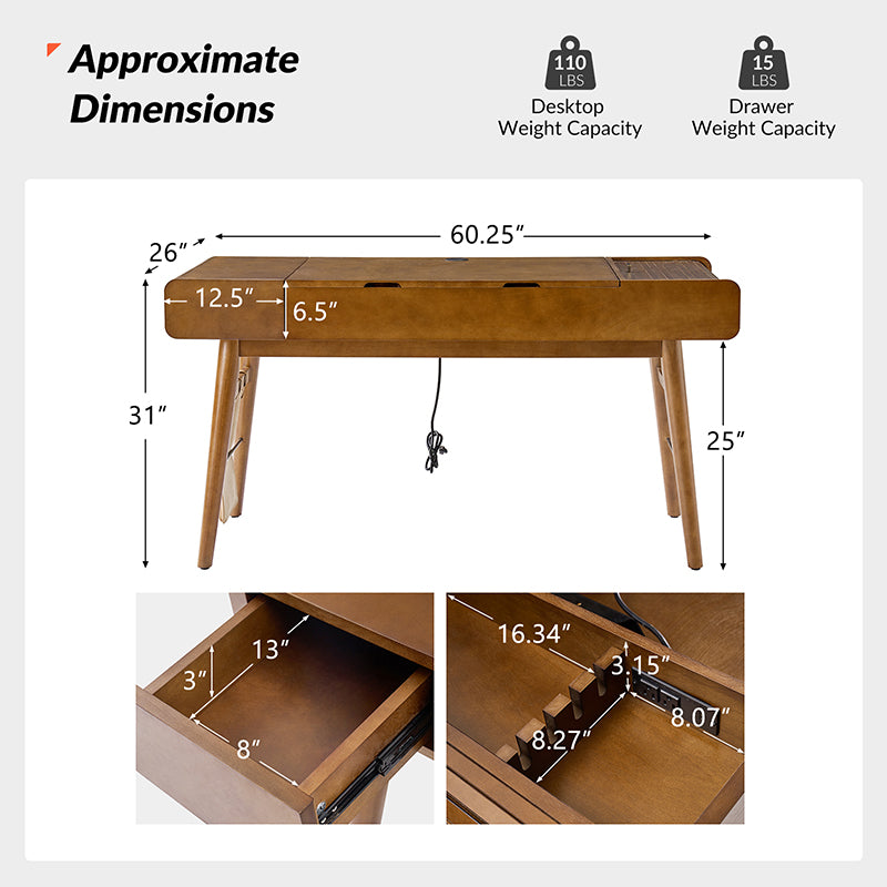 Mid Century Modern Home Office Desk with 2 USB Power Outlets - Stylish Writing Desk for Small Spaces, Remote Work & Study