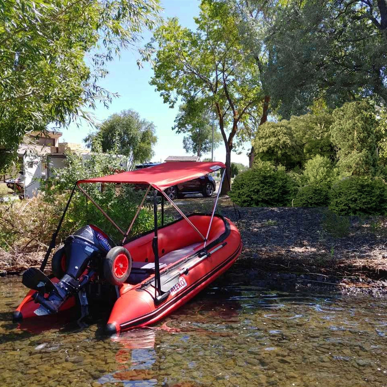 ALEKO 8.5ft Red Boat Canopy Tent for Inflatable Boats - Summer Sun Protection for Fishing, Camping & Water Sports