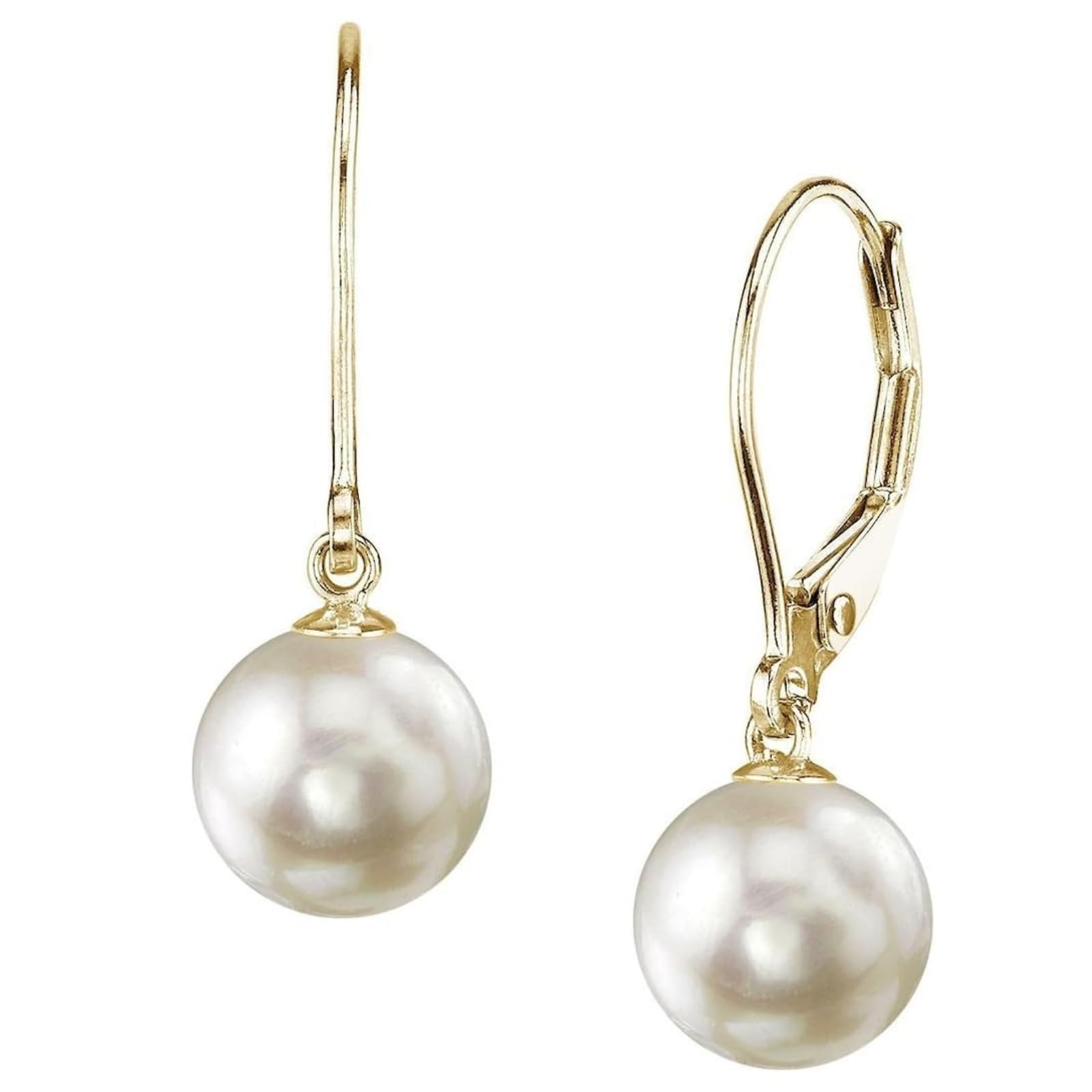 7.5-8.0mm White Japanese Akoya Cultured Pearl Earrings for Women - 14k Gold Leverback Hypoallergenic Earrings | Genuine Pearl Jewelry Gifts for Christmas, Anniversary & Special Occasions | Perfect for Weddings, Parties & Formal Events