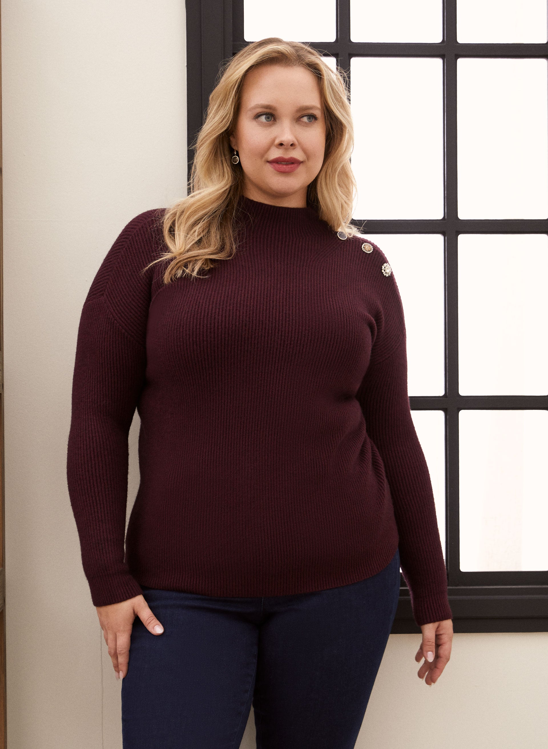 Elegant Crystal Button Mock Neck Sweater for Women - Soft Knit Pullover for Fall & Winter - Perfect for Office, Date Night & Casual Outings