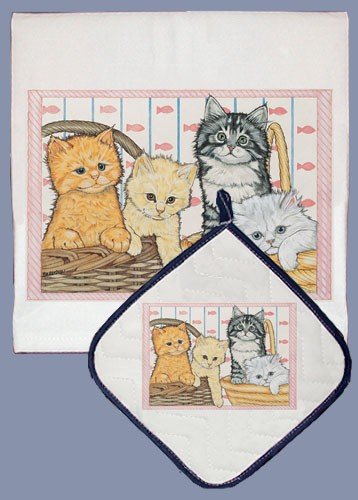 Premium Cat-Themed Dish Towels & Pot Holders Set - 3-Piece Kitchen Accessories for Baking, Cooking & Decor (Fun Feline Design)