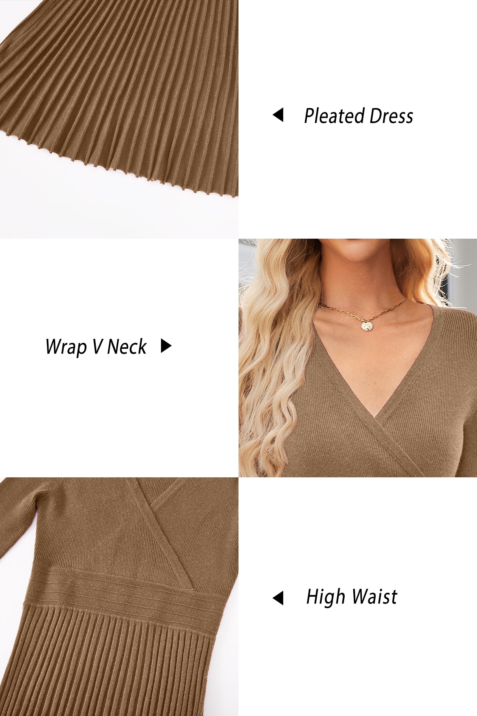 OUGES Women's 2024 Fall Maternity Dress - Long Sleeve Wrap V-Neck Pleated Midi Sweater Dress for Pregnancy | Trendy Casual Outfit for Work, Baby Shower & Autumn Photoshoots
