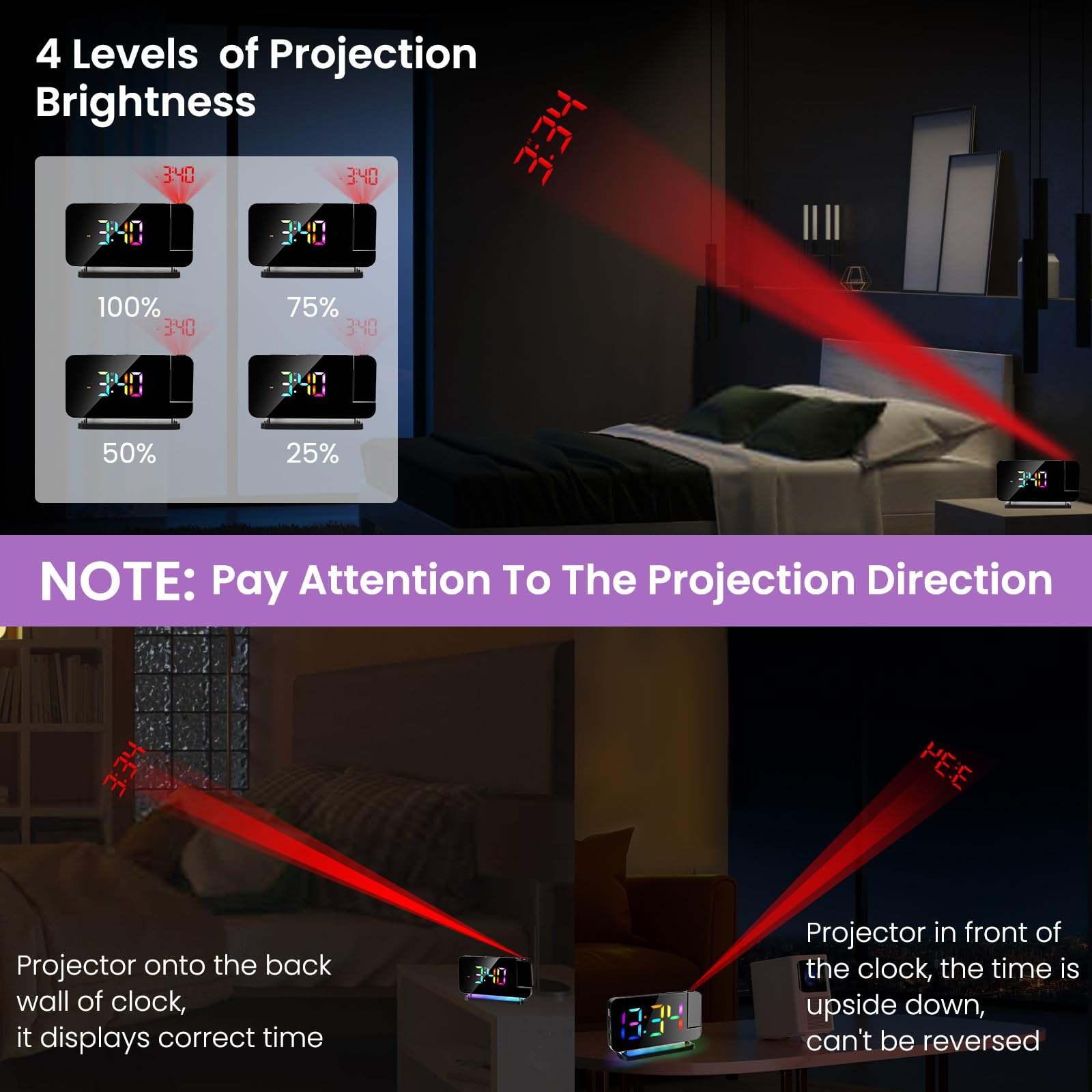 Digital Projection Alarm Clock with 180° Rotatable LED Mirror Display - RGB Night Light, USB Charger, Auto Dimmer, FM Radio & Snooze Function - Perfect for Bedrooms, Home Office & Travel (Black)