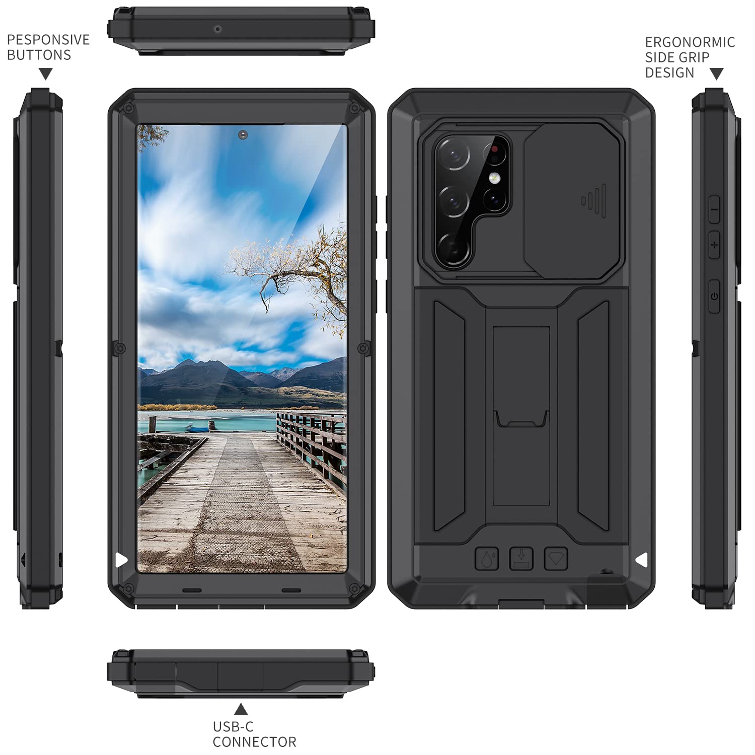 Samsung Galaxy S22 Ultra Case with Screen & Camera Protector - Rugged Military-Grade Heavy Duty Phone Cover with Kickstand, Slide Camera Cover for Outdoor & Adventure Use (Black)