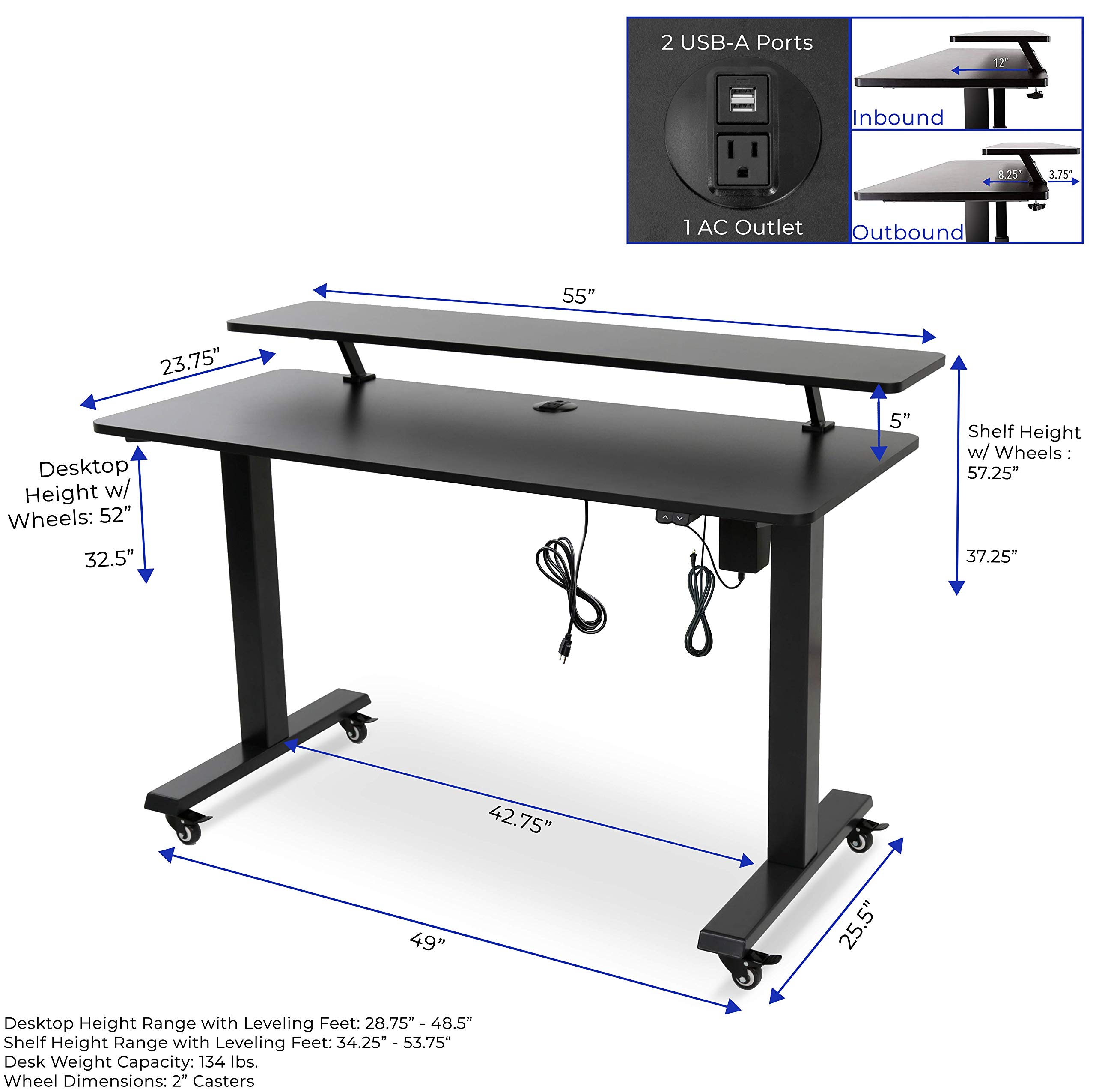 Tranzendesk Power 55 Inch Electric Standing Desk with Built-In Charging | Height Adjustable Stand Up Desk with Clamp-On Shelf | Electronic Desk with 1 AC Outlet & 2 USB Ports (55/Black) | Perfect for Home Office, Gaming Setup & Workspace Ergonomics