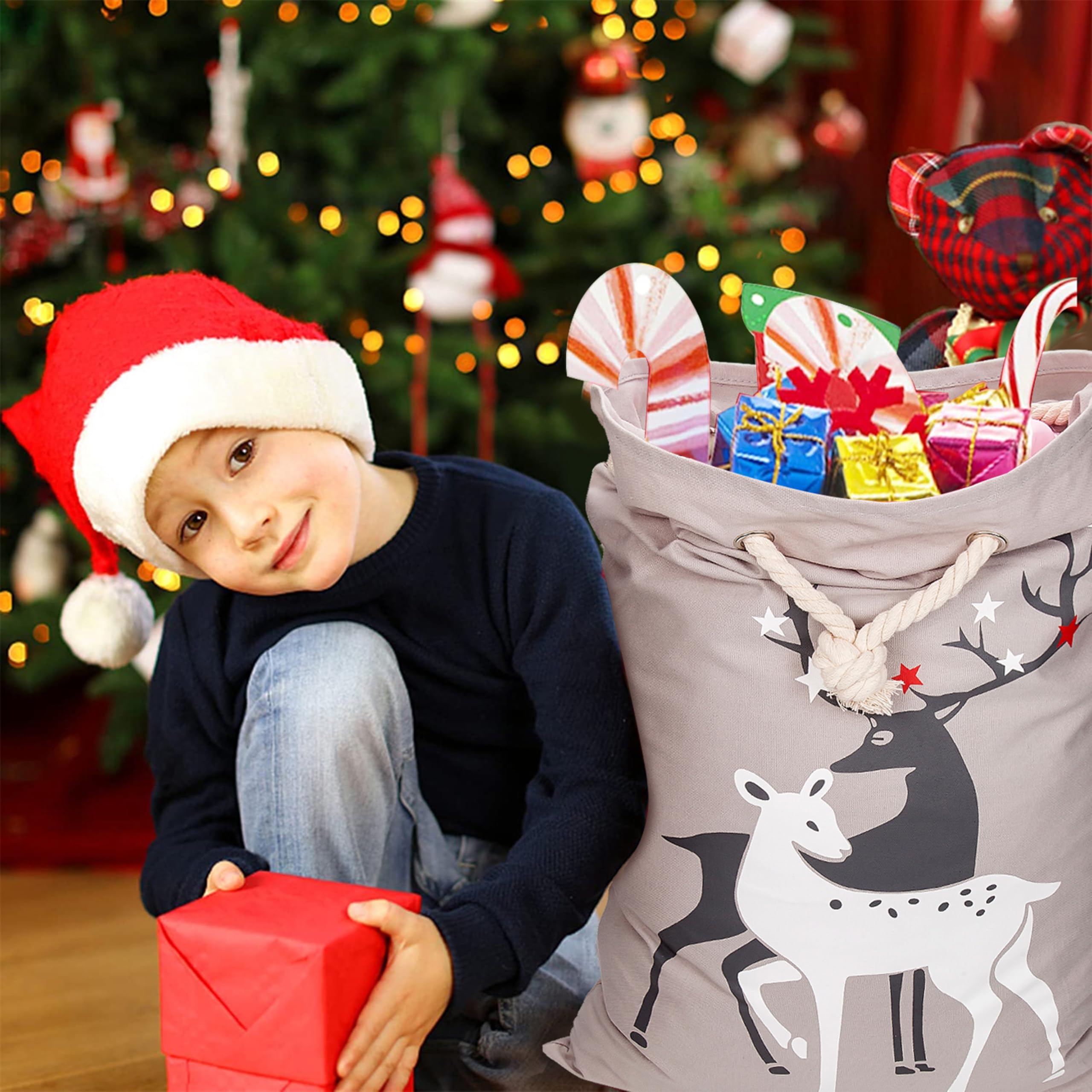 2 Pack Christmas Santa Sacks for Kids - Large 27.5x19.5 Inch Drawstring Gift Bags (Reindeer Red & Grey) - Holiday Stocking Stuffers, Xmas Decorations & Present Storage for Home, Parties & Festive Celebrations