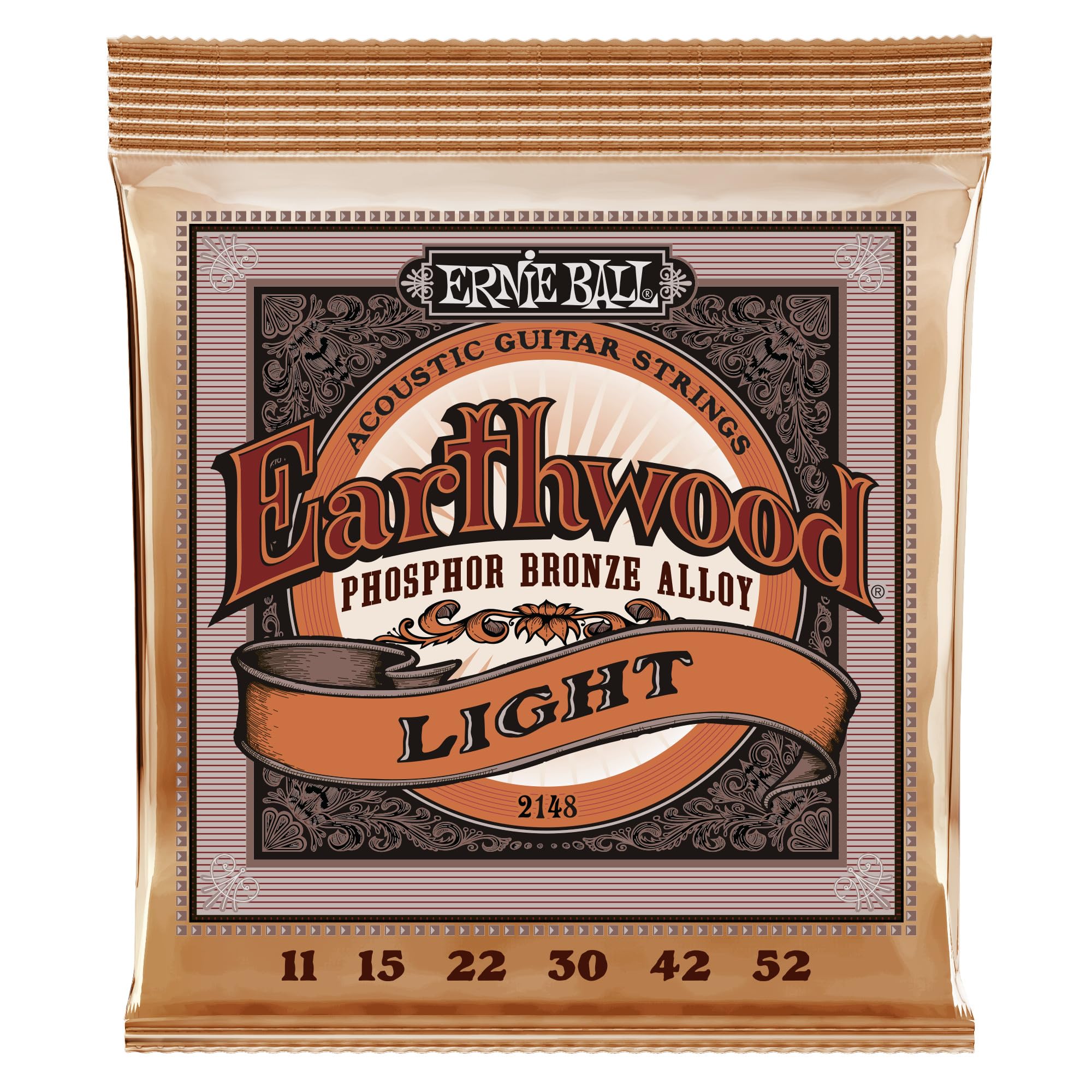 Ernie Ball Earthwood Light Phosphor Bronze Acoustic Guitar Strings 11-52 Gauge (P02148) - Premium Sound for Folk, Country & Fingerstyle Playing
