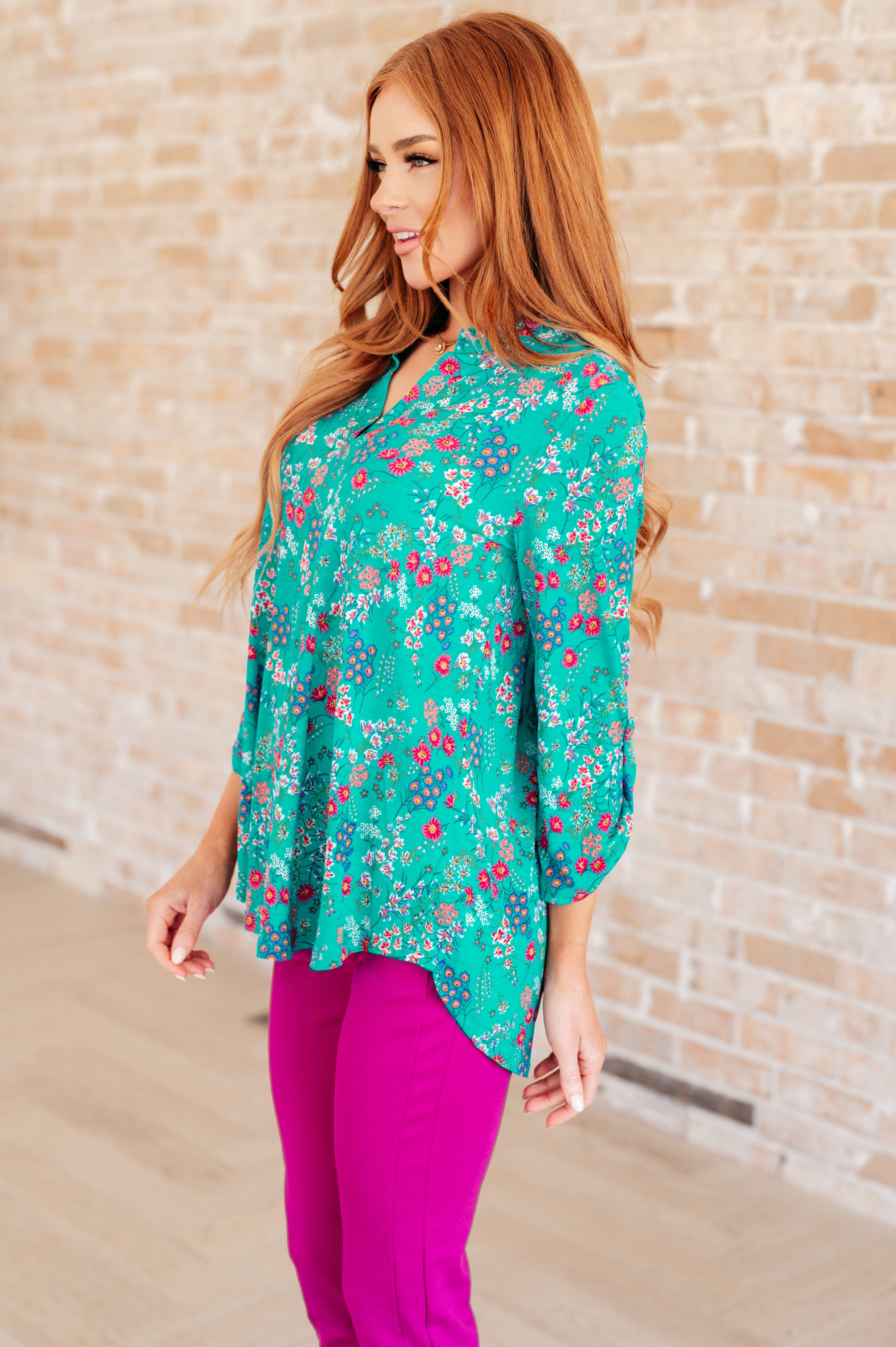 Lizzy Top - Floral Print Women's Blouse in Teal & Lavender - Boho Chic Summer Tops for Casual Outings & Beach Vacations