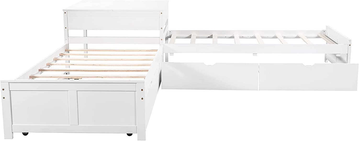 **L-Shaped Wooden Platform Bed with Trundle & Drawers - Twin Size, White - Built-in Desk & 3 Twin Beds for Kids, Teens, Boys & Girls - Perfect for Small Bedrooms, Shared Rooms & Multi-Kid Spaces**