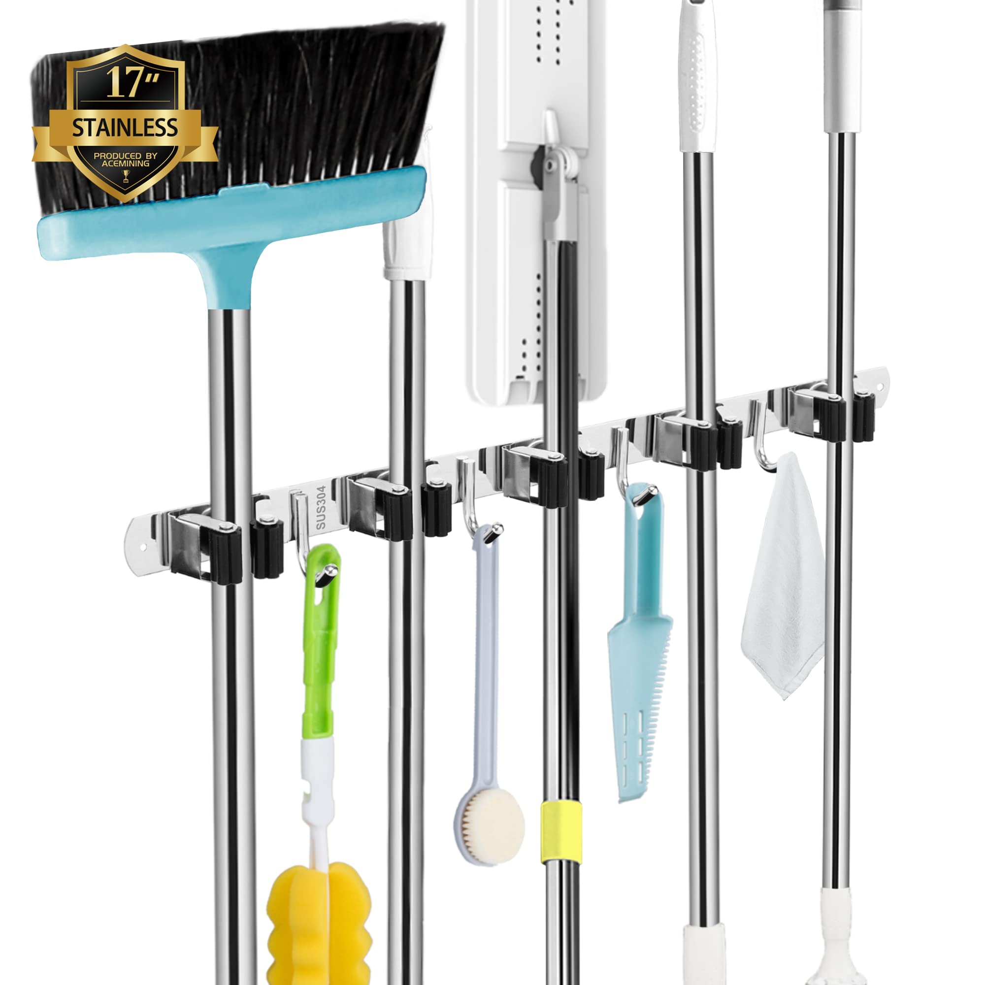 AceMining 5-Tier Wall Mount Mop and Broom Holder with 4 Heavy Duty Stainless Steel Hooks - Self Adhesive Non-Slip Organizer for Kitchen, Laundry, Garage, Garden - Space Saving Storage Solution for Cleaning Tools