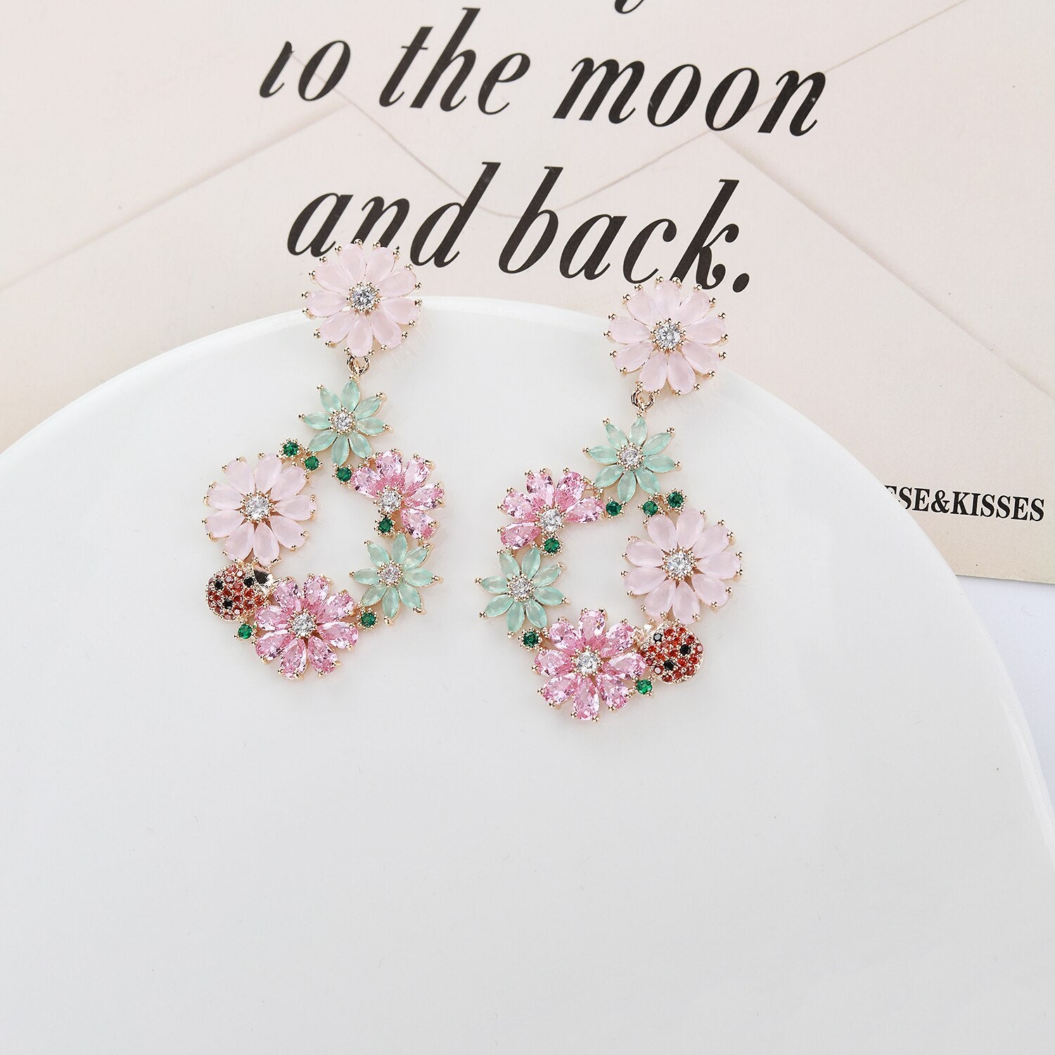 Cubic Zirconia CZ Flower Earrings for Wedding | Crystal Ladybug Stud Earrings for Bride | Women's Birthday Party Jewelry CE11011 | Perfect for Bridal Shower, Anniversary & Special Occasions