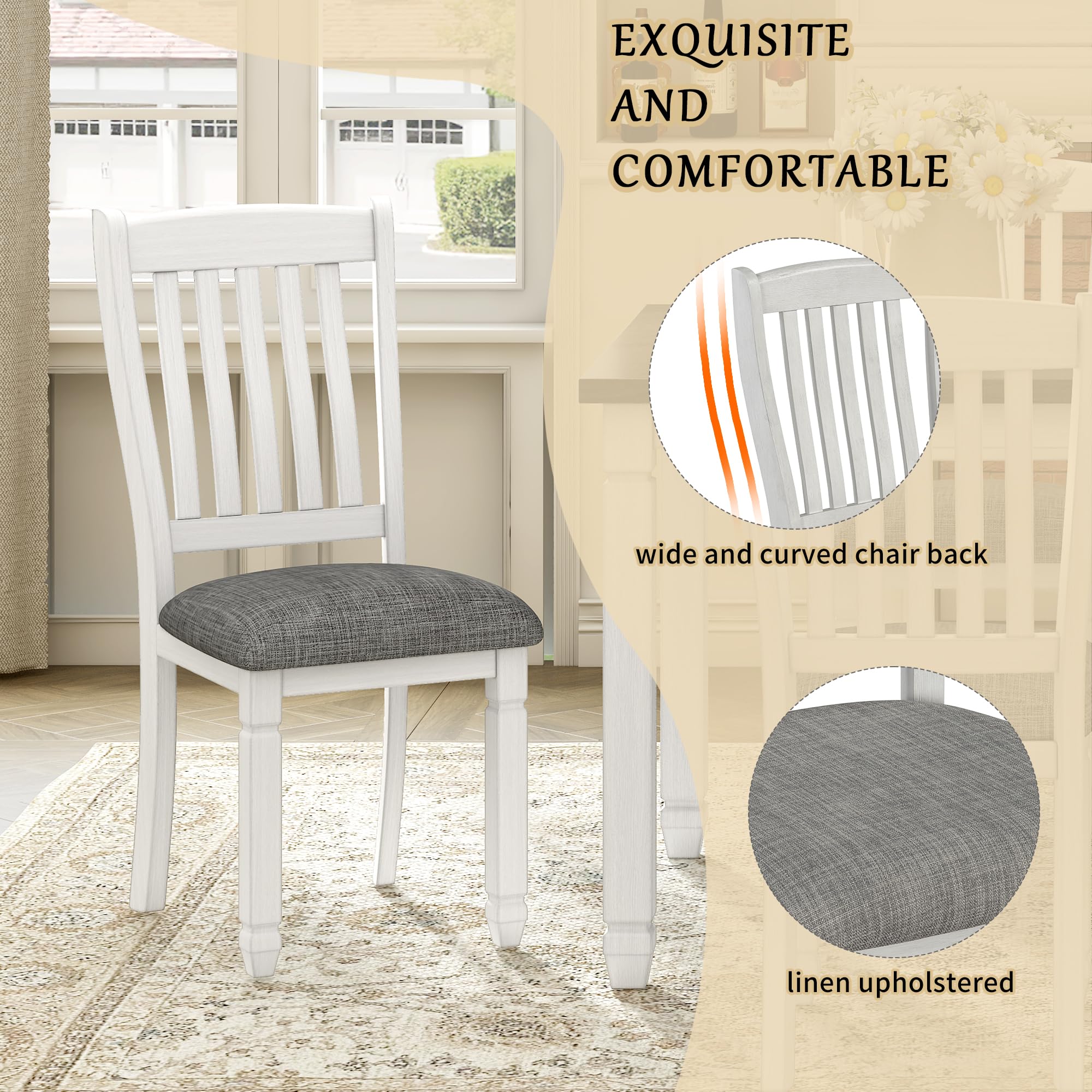 Solid Wood Country Kitchen Table and Chairs Set for 6 - Rustic Farmhouse Dining Room Furniture with Tapered Legs - Perfect for Family Meals, Entertaining Guests & Cozy Breakfast Nooks
