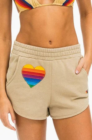 Aviator Nation Women's Rainbow Heart Stitch Lounger Shorts - Sand Tan | Comfortable Casual Lounge Shorts for Women | Perfect for Yoga, Beach, and Relaxing at Home