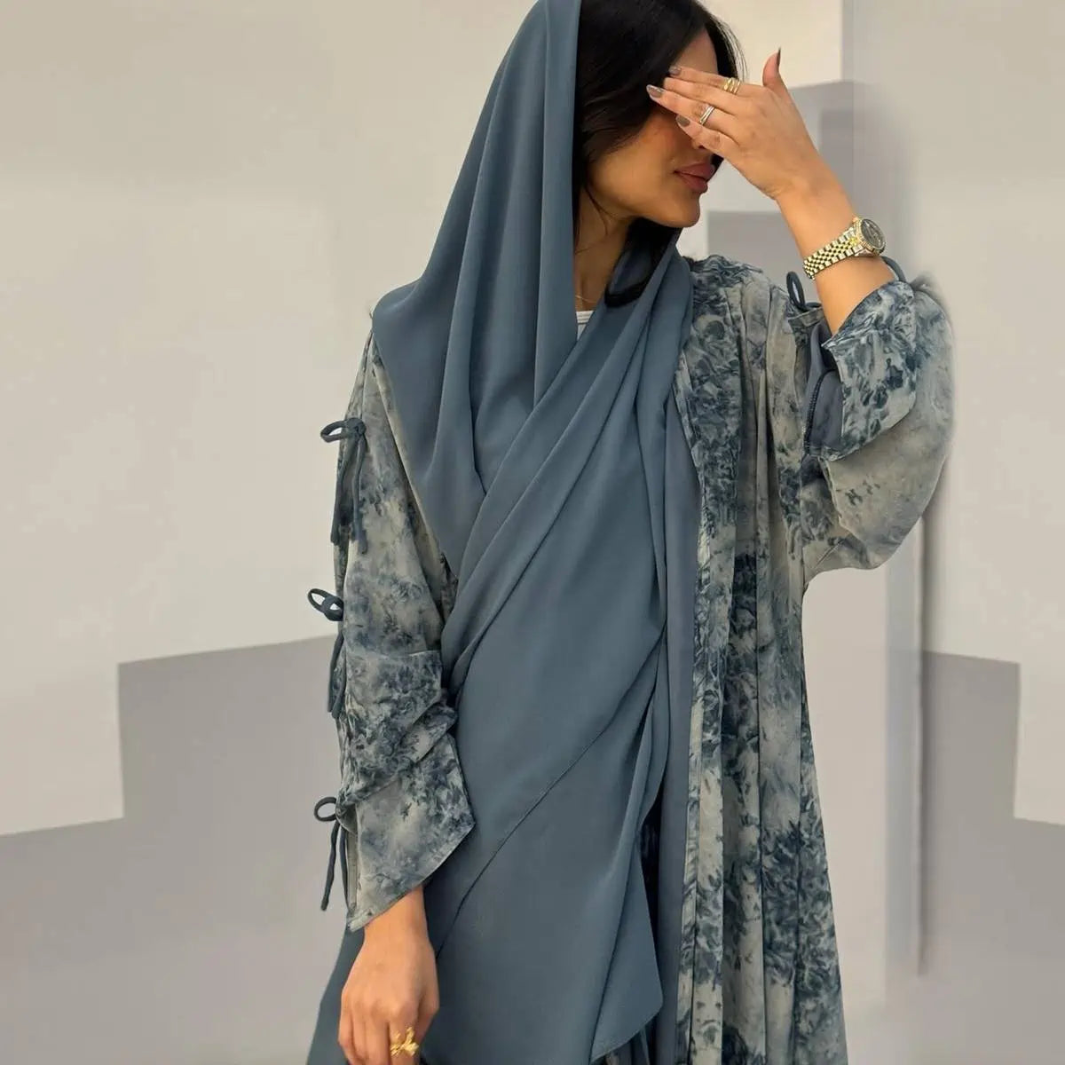 Elegant Printed Chiffon Hijab Cardigan Open Abaya Dress #25181 - Perfect for Modest Fashion, Prayer, and Special Occasions