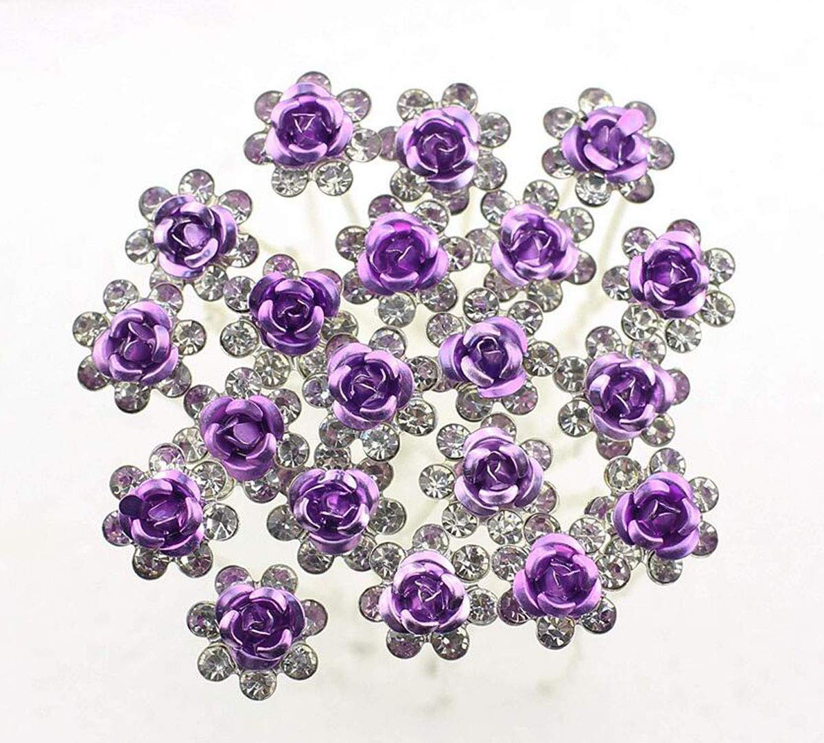 20 PCS Purple Rhinestone Rose Flower U-Shaped Hair Pins - Crystal Bridal Wedding Hair Clips for Women, Hair Jewelry Accessories - Perfect for Weddings, Prom, Parties & Special Occasions