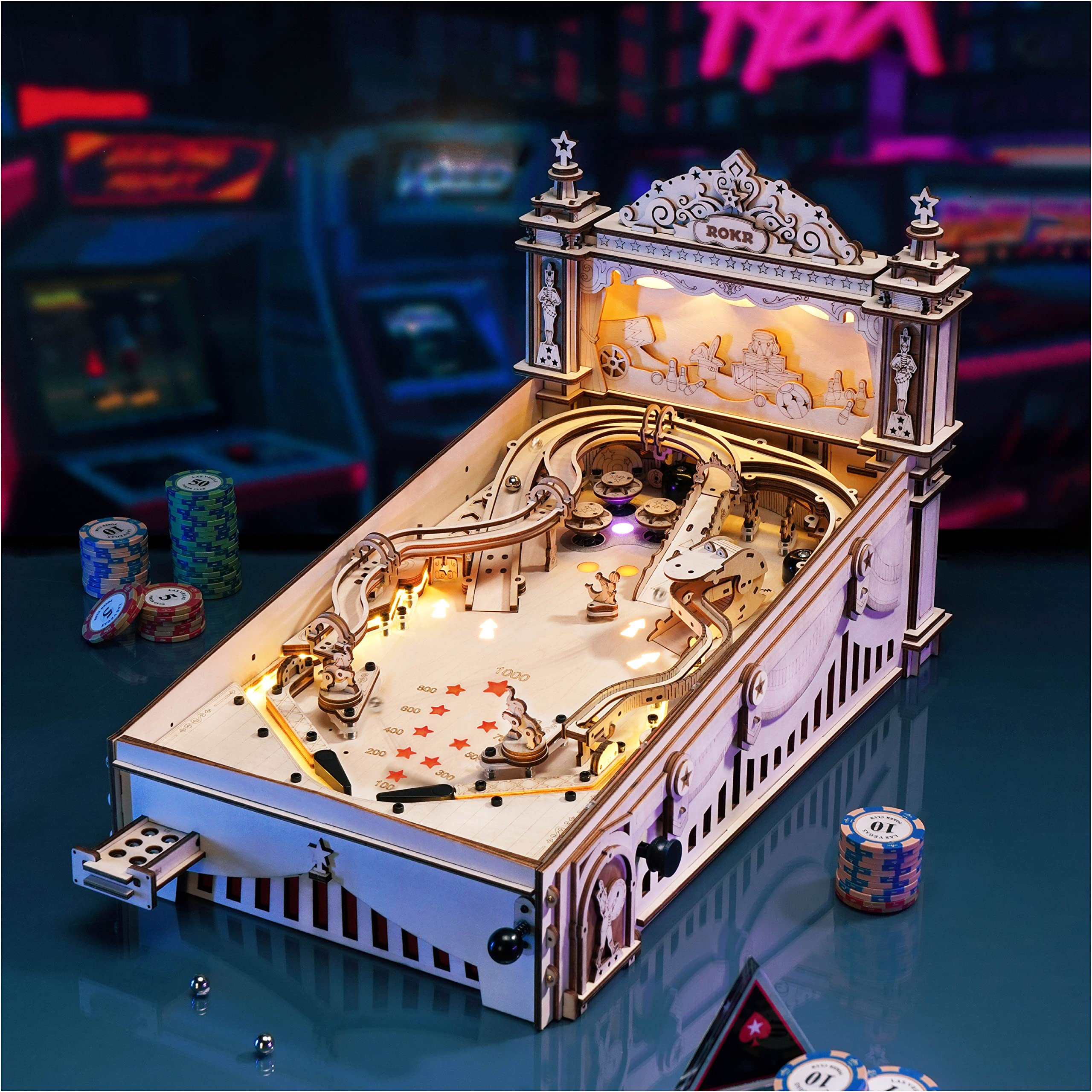ROKR Miniature Pinball Machine - 3D Wooden Puzzle for Adults & Teens 14+, DIY Model Building Kit, STEM Educational Toy - Perfect for Home Decor, Office Desk & Gift Giving
