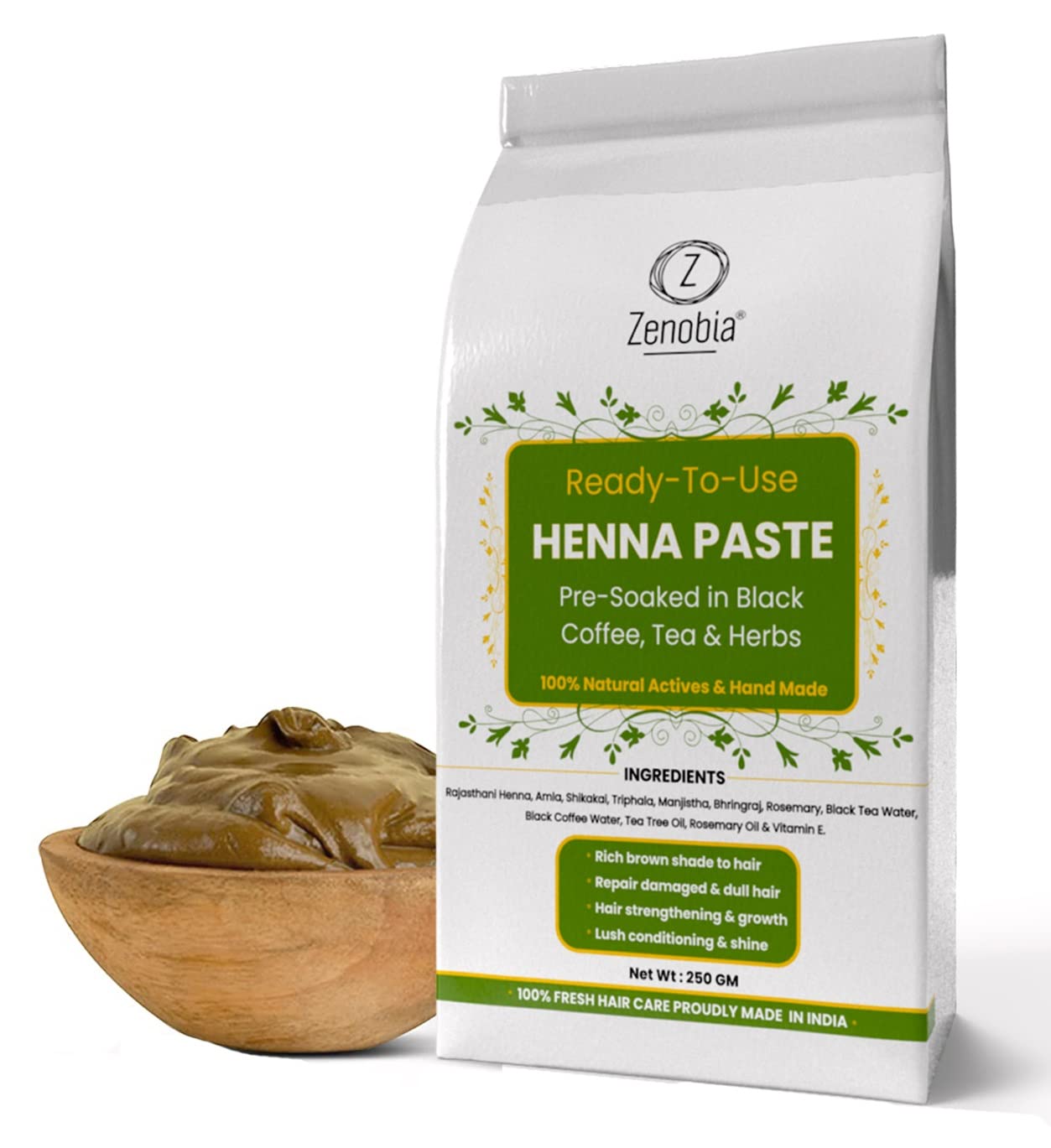 Zenobia Natural Herbal Henna Hair Dye Paste - Chemical-Free, Ready-to-Use Mehendi for Rich Brown Color, Repairs Damage & Reduces Hair Fall (Pack of 1) - Perfect for At-Home Hair Coloring & Natural Hair Care