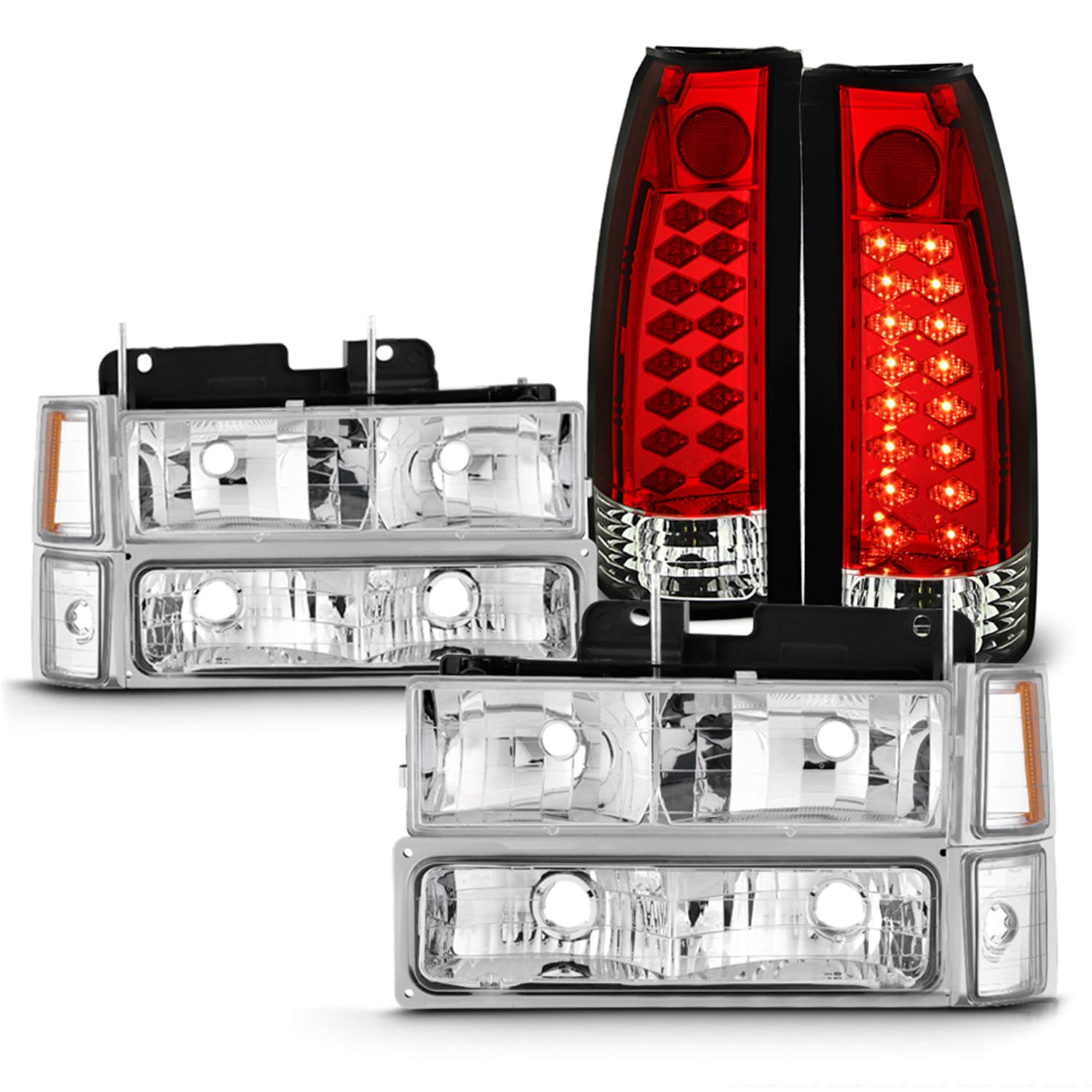 AKKON Chrome Headlights & LED Tail Lights for 1994-1998 Chevy C/K 1500 2500 3500 Tahoe Suburban - Complete Lighting Kit with Corner & Signal Lamps | Off-Road, Night Driving & Car Restoration Upgrade