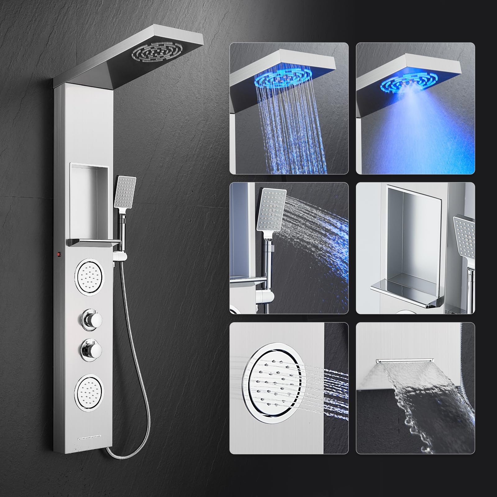 POPFLY Stainless Steel Shower Panel with LED Lights, Rainfall & Mist System - 2 Body Spa Jets, Shelf & Tap Spout - Brushed Nickel Finish for Luxury Bathroom Upgrade | Perfect for Spa-Like Experience at Home