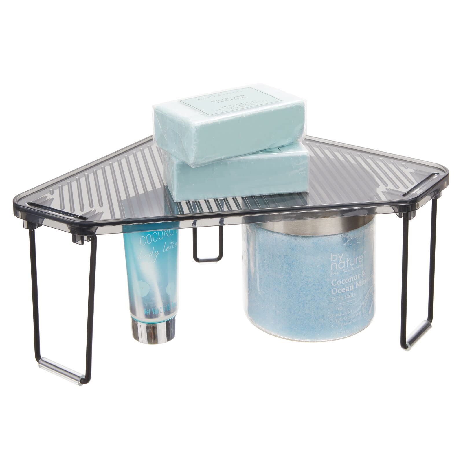 mDesign Plastic/Steel Corner Stackable Shelf Organizer - 2 Pack Black/Smoke Gray - Bathroom Vanity Storage for Makeup, Shower Accessories - Perfect for Small Spaces Under Sink, Cabinet & Countertop Organization