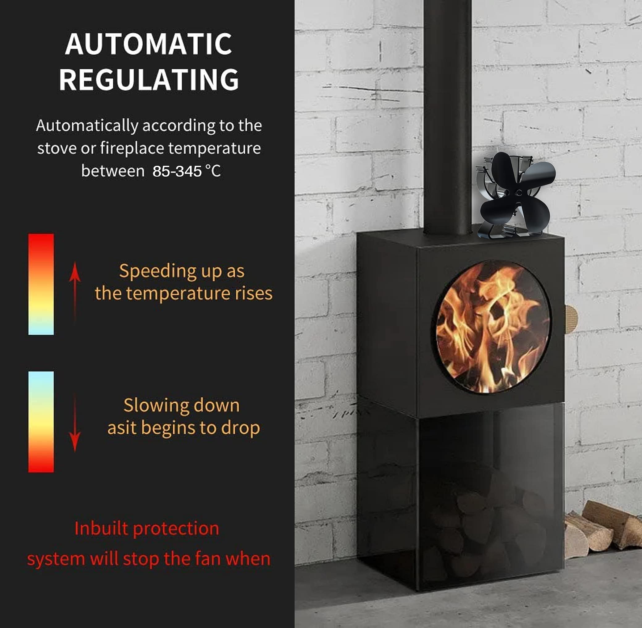 4 Blades Wood Stove Fan VDSF624 - Efficient Heat Circulation for Fireplace, Cabin, and Home Heating - Eco-Friendly Silent Operation for Winter Warmth