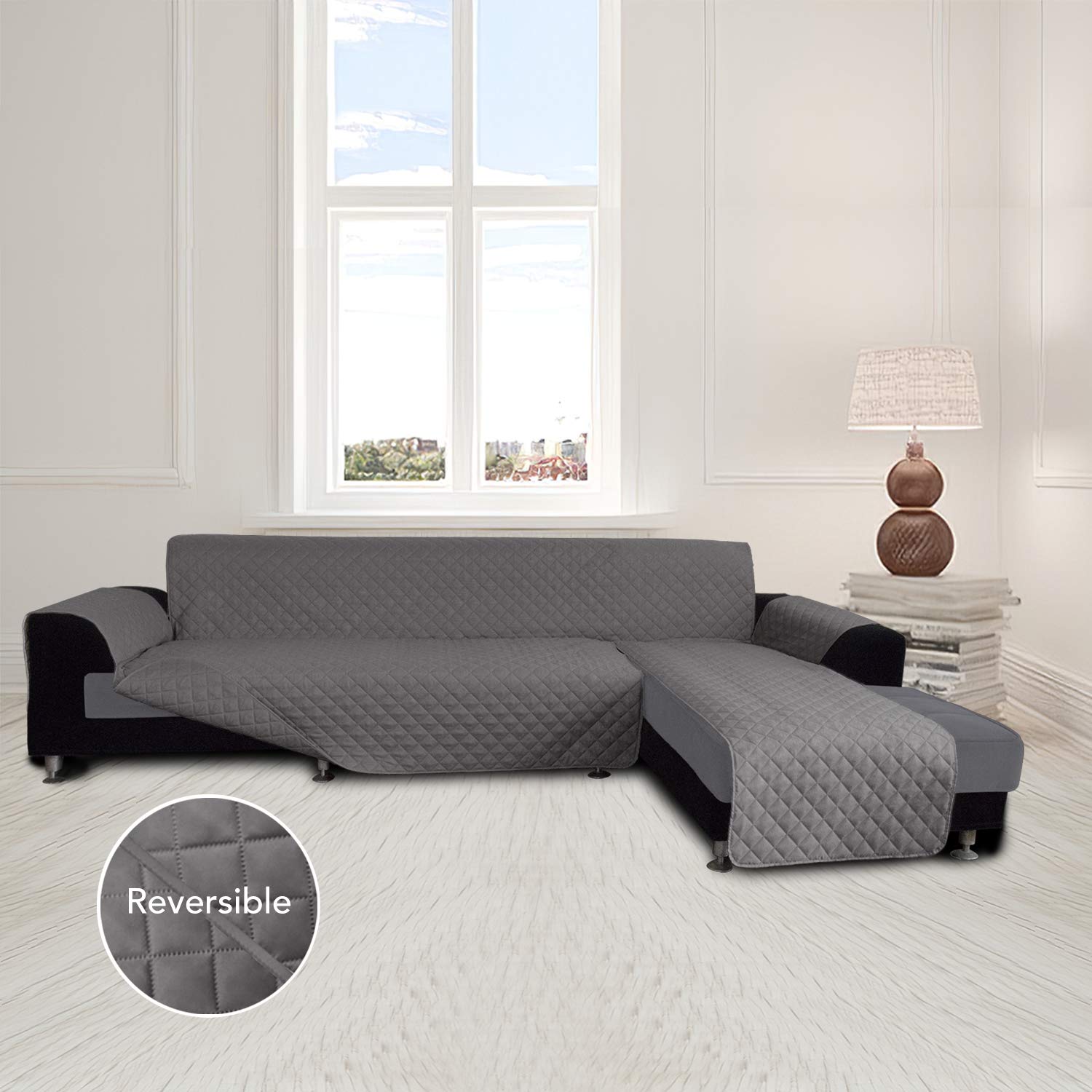 Reversible L-Shaped Sofa Slipcover - Large Gray Sectional Couch Cover with Chaise Lounge | Pet & Kid Friendly Furniture Protector | Perfect for Living Room, Family Room & Home Theater Use