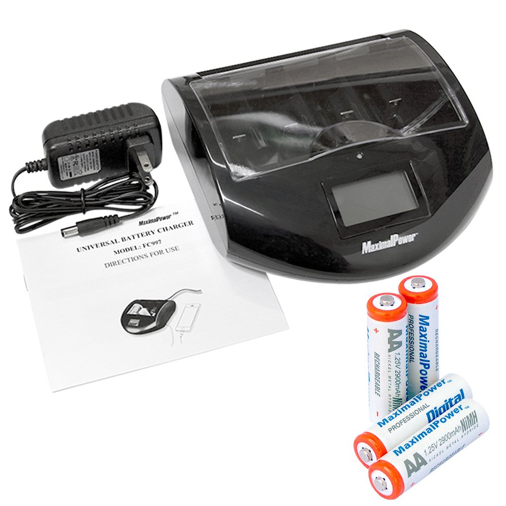 MaximalPower FC997 Universal Smart Battery Charger for AA AAA C D 9V - Fast Charging for Alkaline NiMH NiCd Li-ion Batteries - Includes 4 Pack 2900mAh AA Batteries - Perfect for Cameras, Toys, Flashlights & Emergency Kits