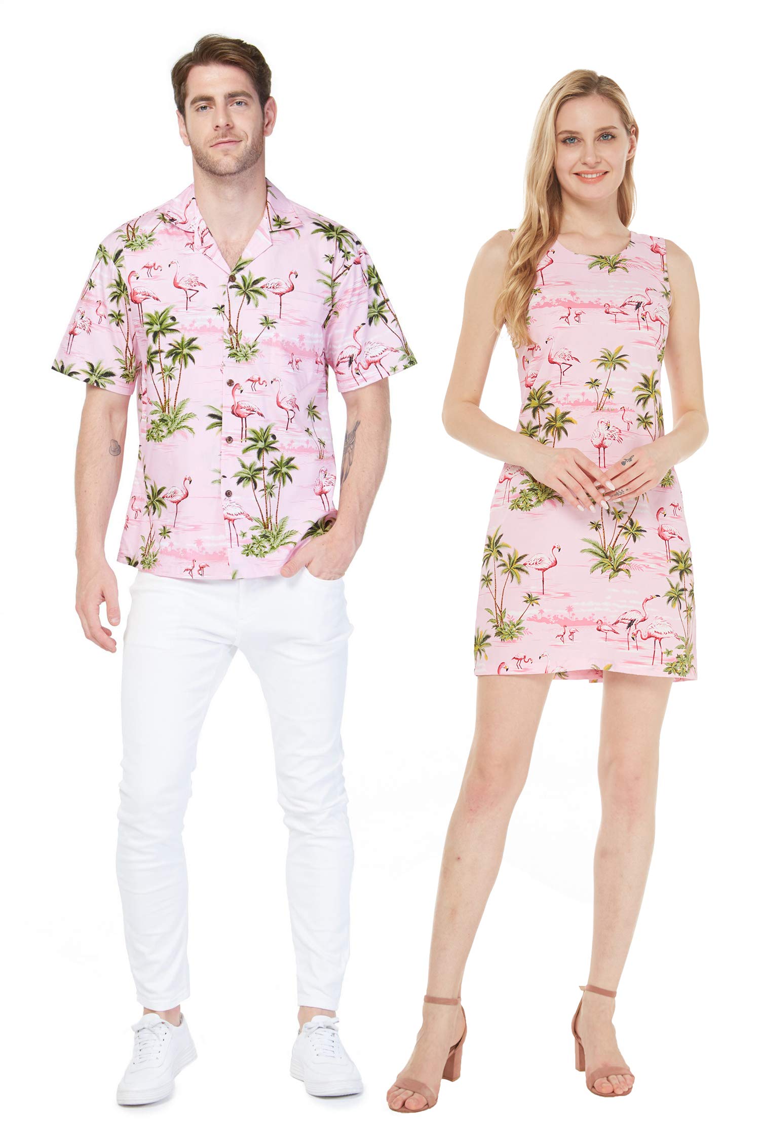 Hawaiian Couple Matching Luau Aloha Shirt & Tank Dress Set - Pink Flamingo Print on Turquoise Fabric | Perfect for Beach Vacations, Summer Parties & Tropical Themed Events