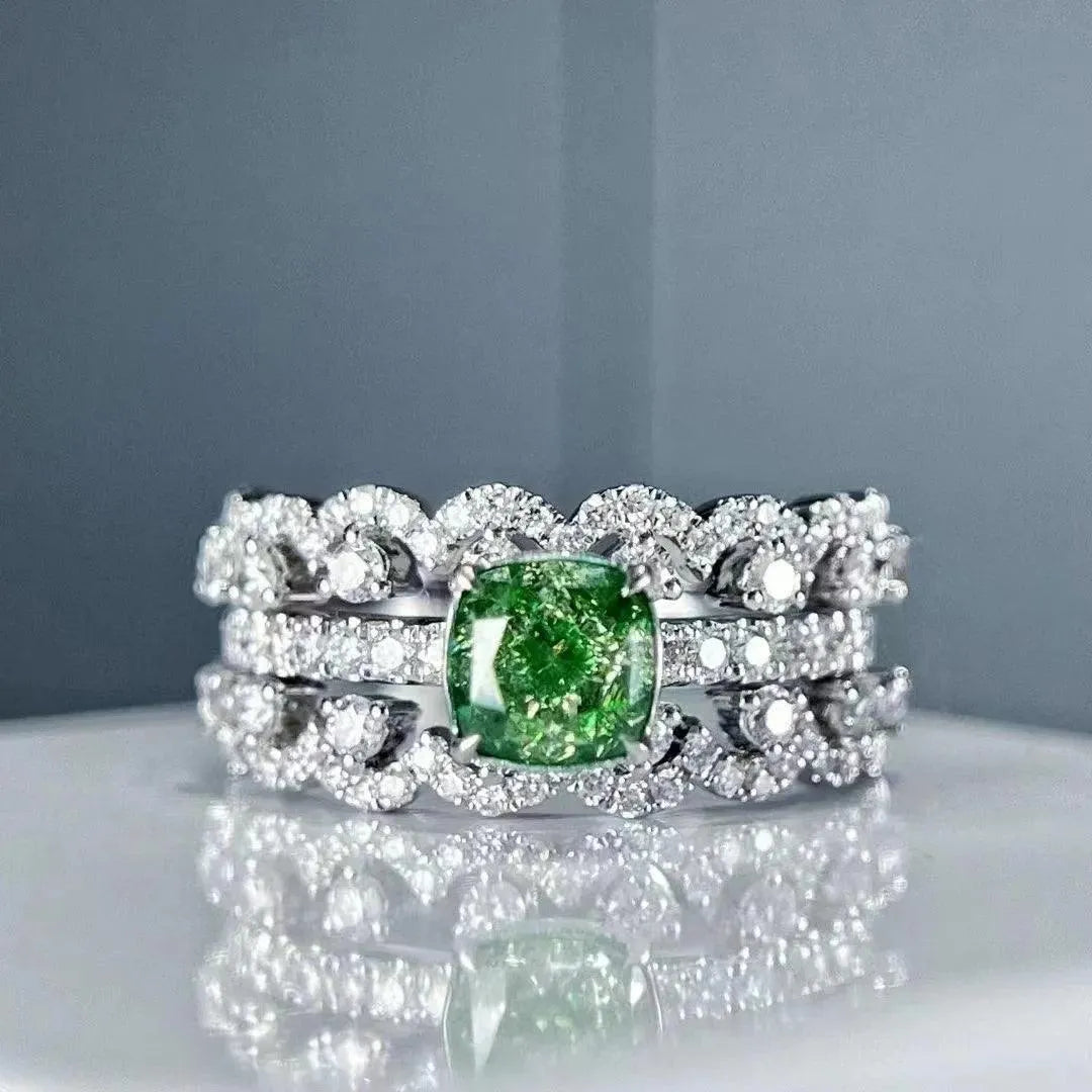 SGARIT 18K White Gold 1 Carat Princess Cut Green Diamond Engagement Ring for Women - Detachable Three Layer Design, Luxury Wedding Jewelry for Brides, Anniversary Gifts & Special Occasions