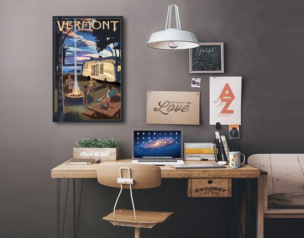 Lantern Press Vermont Retro Camper and Lake Wall Art - 16x24 Wrapped Canvas Print for Home & Office Decor - Perfect for Living Room, Bedroom, or Cabin Aesthetic