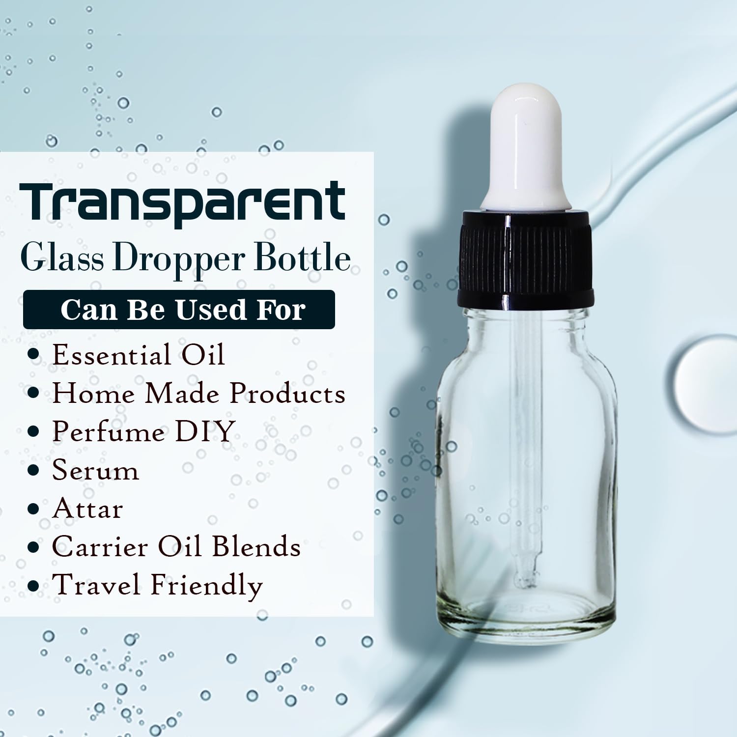 NSB Herbals 15ml Clear Round Empty Glass Bottle with Dropper & Black Ring - White Silicone Teat for Essential Oils, Perfumes, DIY Beauty (Pack of 3) | Refillable Travel-Size Container for Aromatherapy & Skincare
