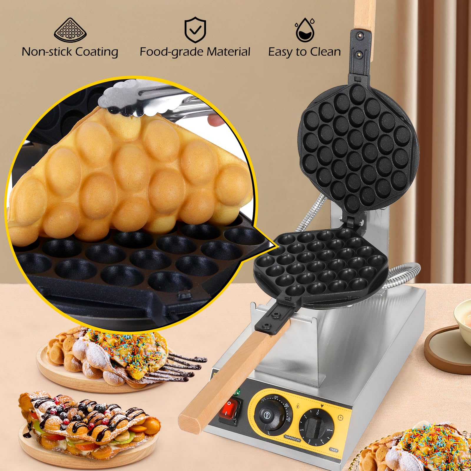 Dyna-Living 1400W Commercial Bubble Waffle Maker - Electric Stainless Steel Egg Waffle Machine with 180° Rotation & Non-Stick Coating - Perfect for Restaurants, Cafes & Home Breakfast (Hong Kong Style Egg Puff)