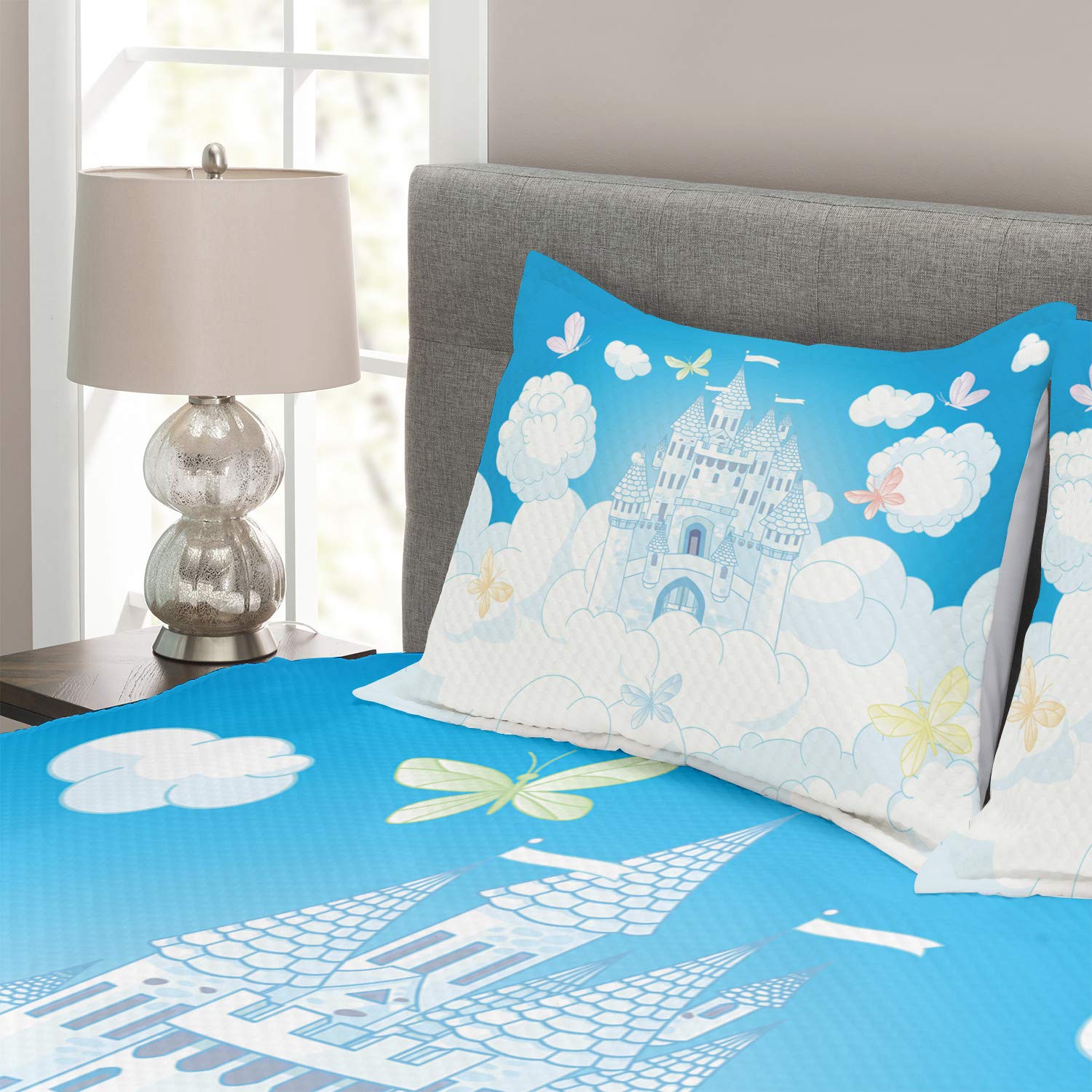 Ambesonne Tale King Size Bedspread Set - 3 Piece Decorative Bedding with Castle, Clouds & Butterflies Print, Includes Coverlet & 2 Pillow Shams in White & Sky Blue - Perfect for Fairy Tale Themed Bedrooms, Guest Rooms & Cozy Home Decor