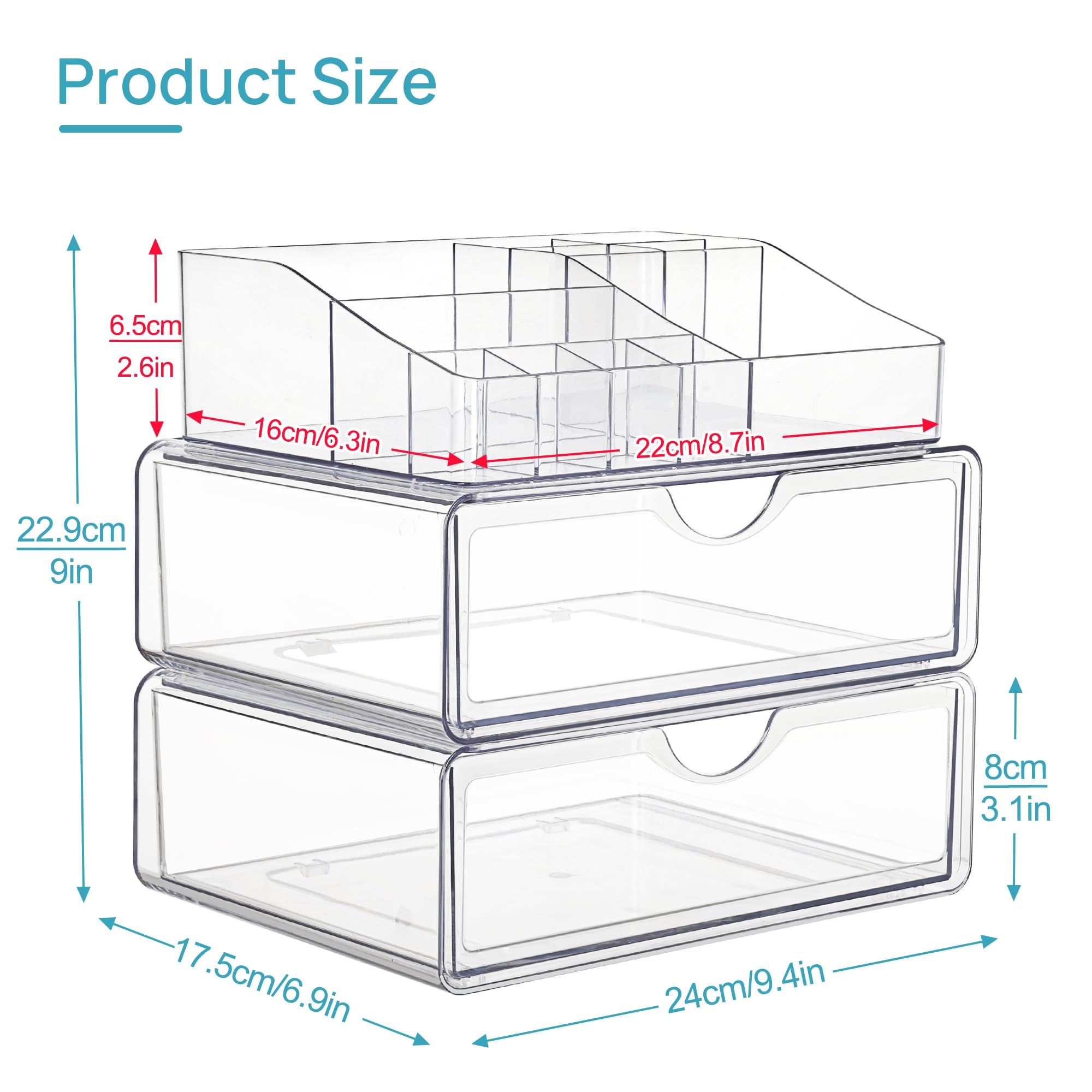 Vtopmart 3-Tier Clear Acrylic Makeup Organizer with Drawer - Cosmetic Storage for Dresser, Vanity & Bathroom - Lipstick, Brush & Skincare Holder - Perfect for Countertop Organization & Small Space Beauty Storage