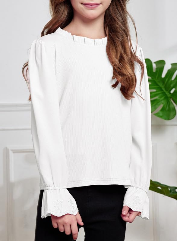 Stylish Girls' Ruffle Long Sleeve Crewneck Ribbed Knit Blouse Tops for Ages 6-15 - Perfect for School, Parties & Casual Wear