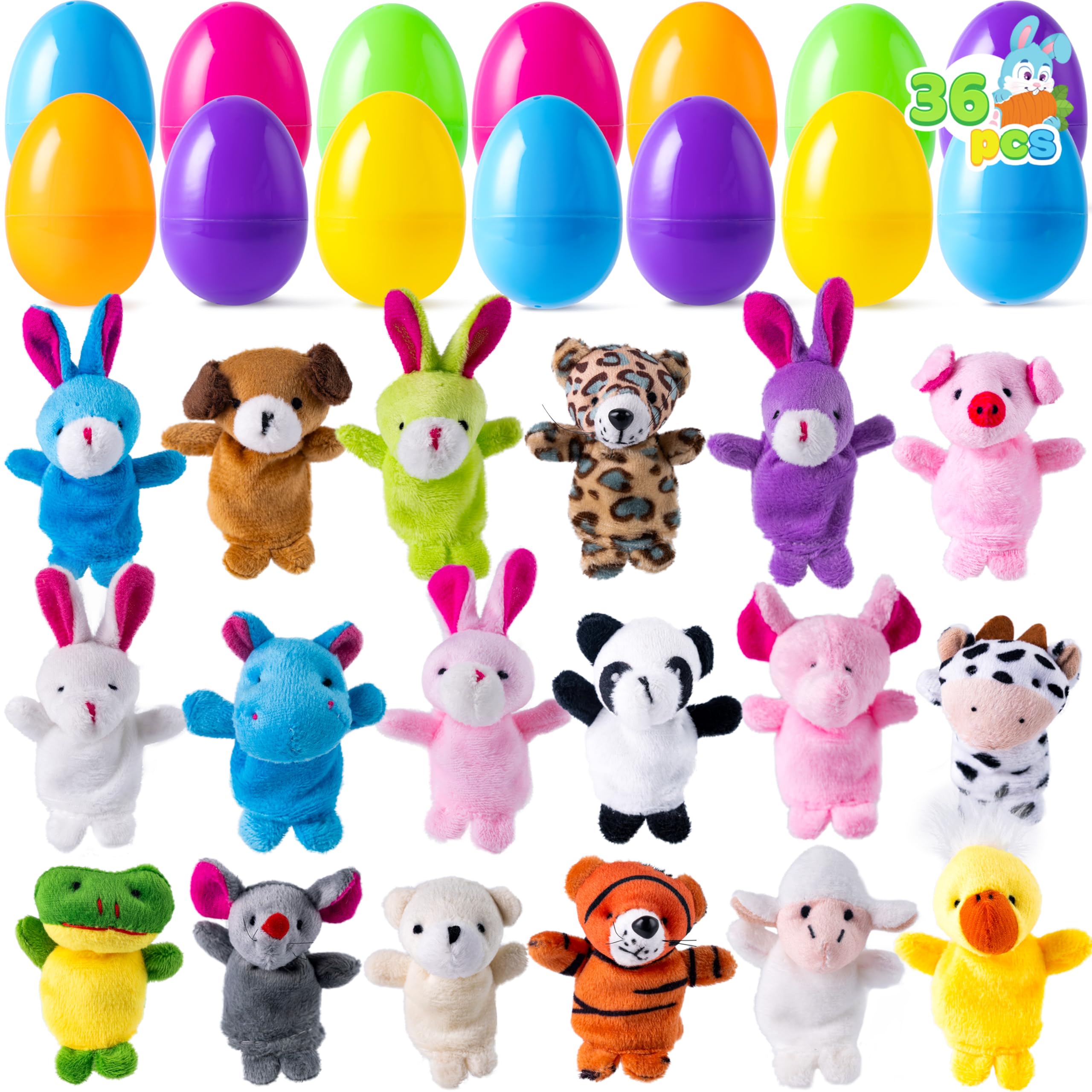 JOYIN 36 Pcs Pre-Filled Easter Eggs with Animal Finger Puppets - Easter Egg Hunt Supplies for Kids, Toddlers, Classroom Prizes & Party Favors - Perfect for Easter Baskets, Birthday Gifts & Spring Celebrations