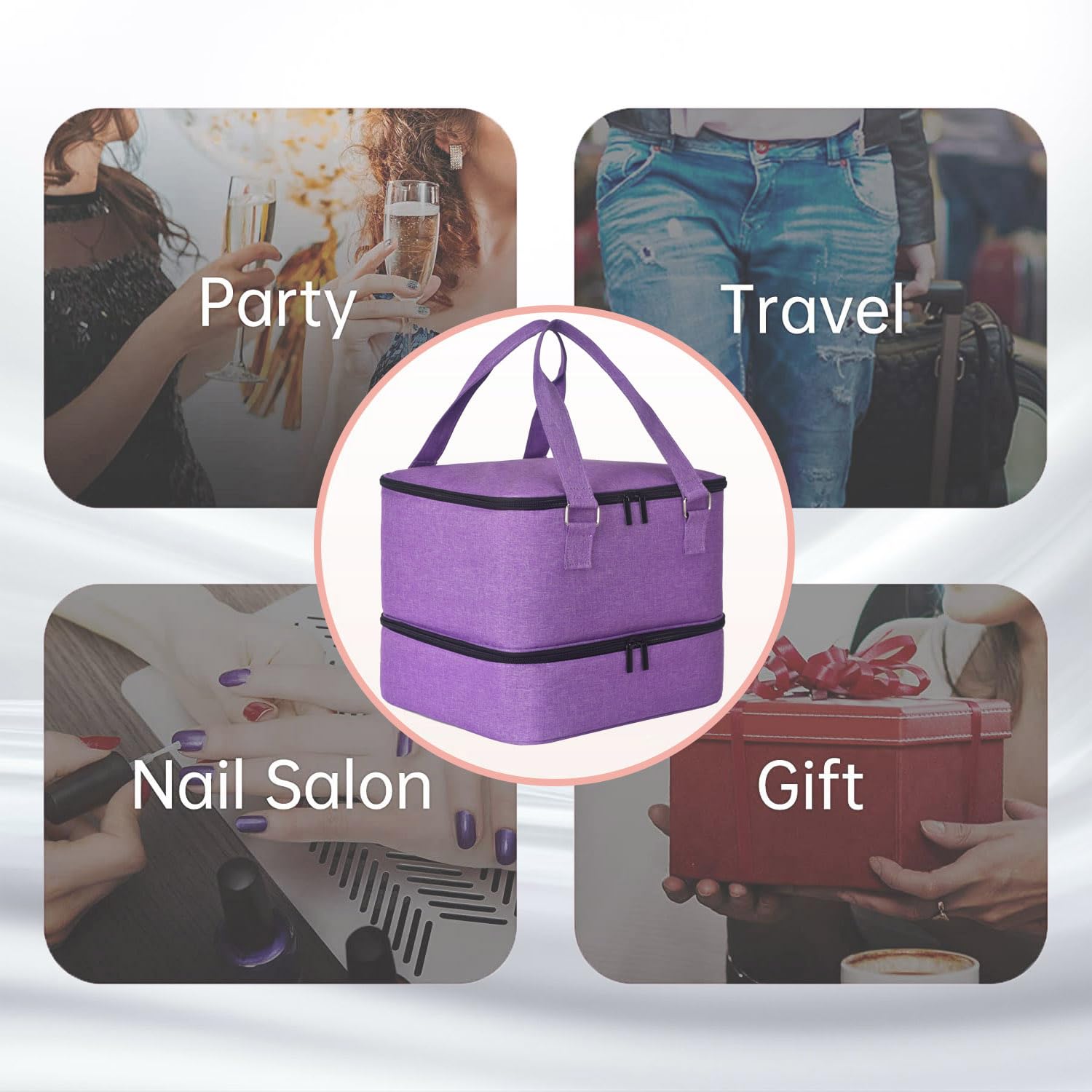 Premium Nail Polish Organizer Case - Holds 42+ Bottles (15ml/0.5 fl.oz) & 1 Nail Lamp, Double-Layer Portable Nail Art Storage Bag with Handles (Purple) - Perfect for Salon Professionals, Home Manicures & Travel Nail Kits