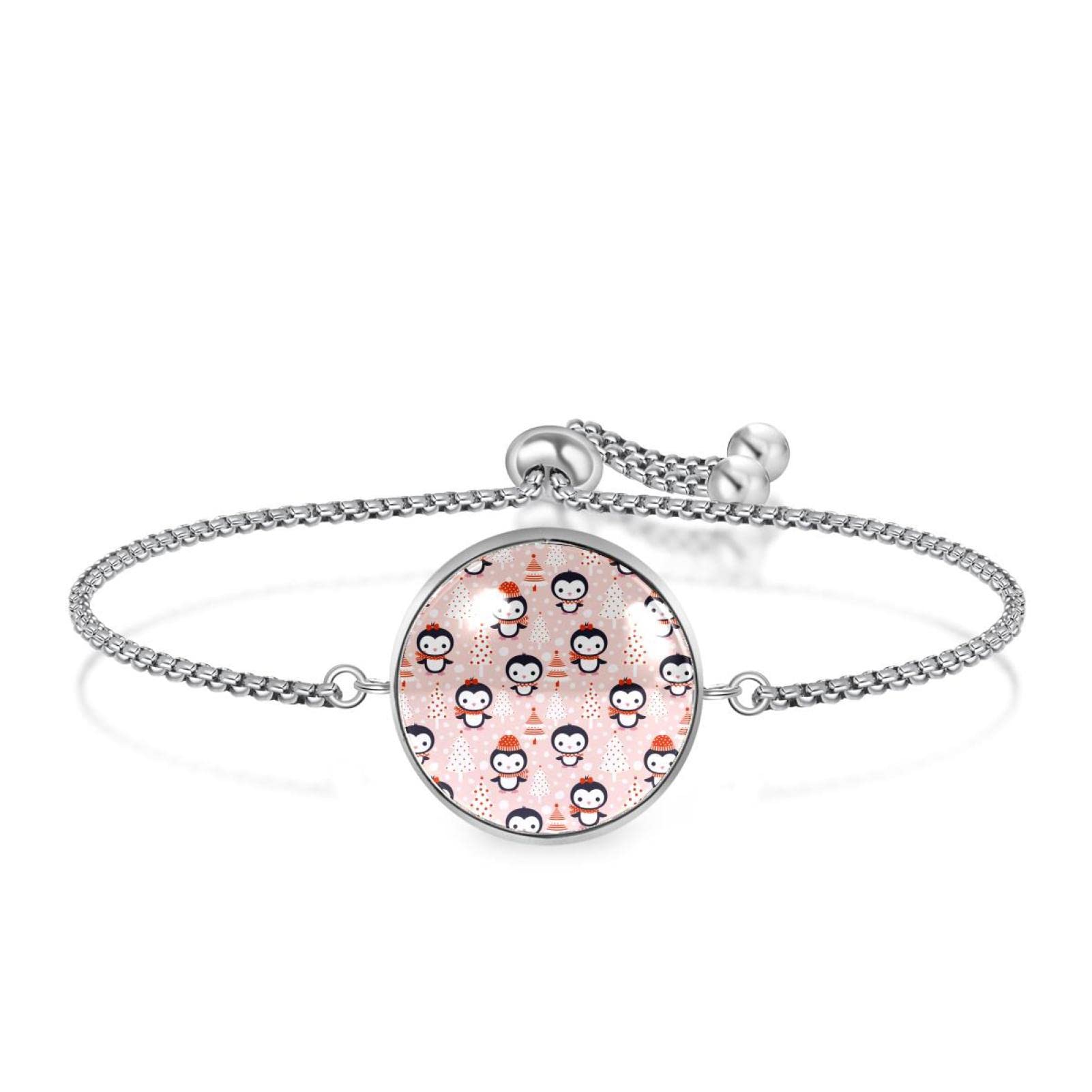 Custom Christmas Penguin Charm Bracelet - Personalized Pink Beaded Jewelry Gift for Women & Girls - Perfect for Holidays, Parties & Special Occasions