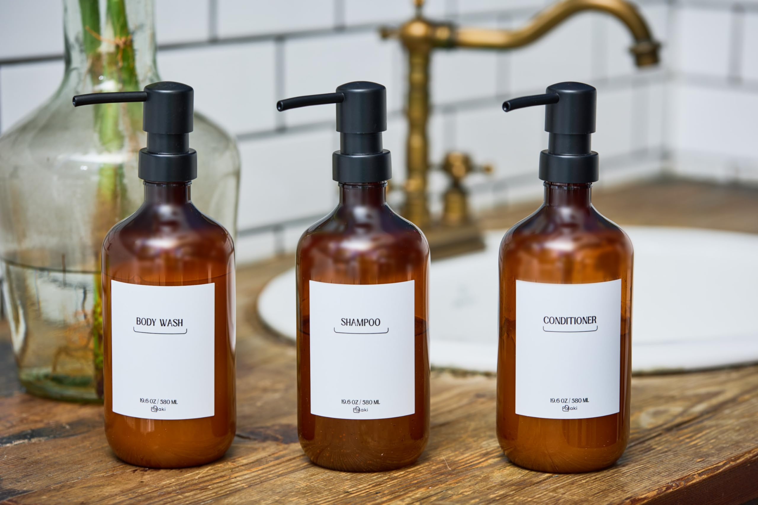 3-Pack Amber Shower Dispenser Set - 19.6 oz PET Plastic Shampoo & Conditioner Bottles - Space Saving Bathroom Organizer for Shower, Gym, Salon & Travel Use