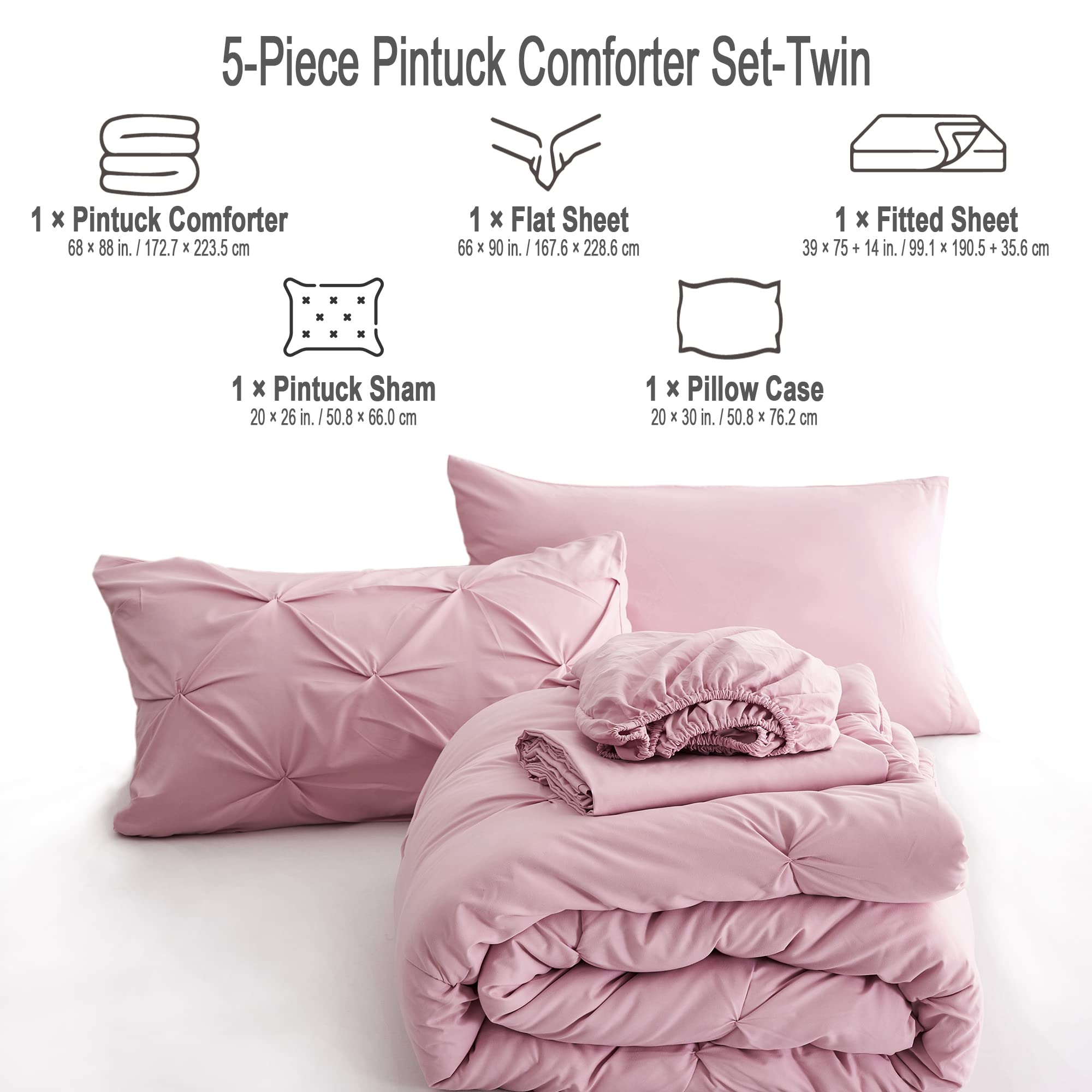Ubauba 5-Piece Twin Comforter Set with Sheets - Blush Pintuck Bed in a Bag, Soft Pinched Pleat All-Season Bedding (Pink, Twin Size) for Cozy Dorm Rooms & Guest Bedrooms