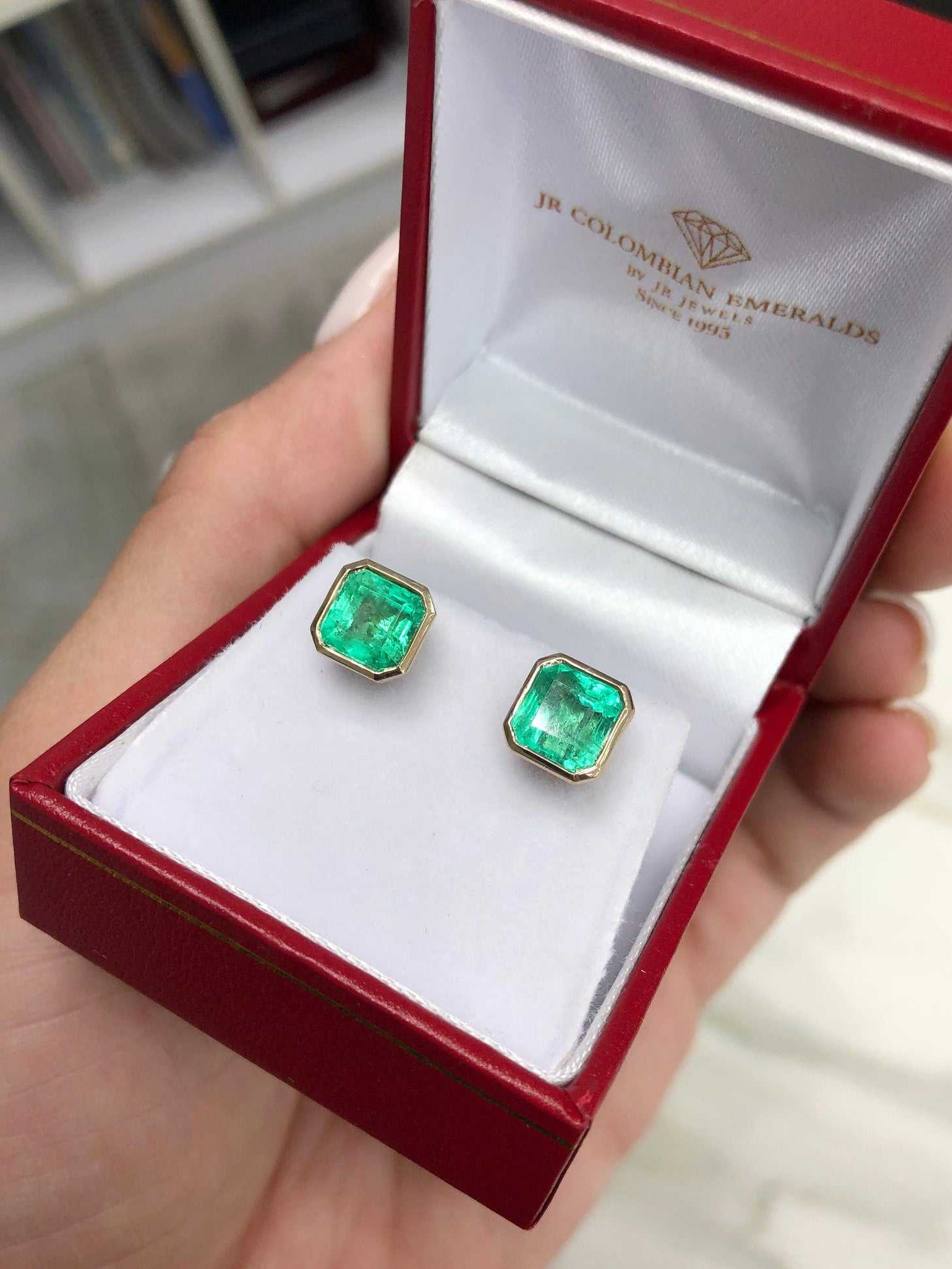 18K Gold Bezel Set Asscher Cut Colombian Emerald Earrings 5.0tcw - Luxury Statement Jewelry for Weddings & Special Occasions