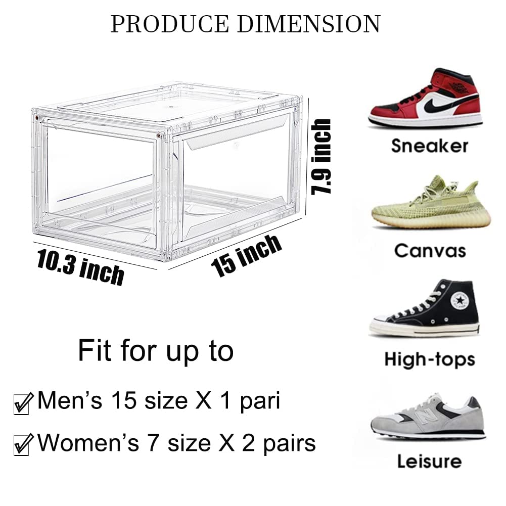 12 Pack Clear Acrylic Shoe Storage Boxes – Stackable Sneaker Display Case with Magnetic Door for Sneaker Collection, Boots & Hats Organizer (Fits US Size 15) | Perfect for Closet Organization & Shoe Store Displays