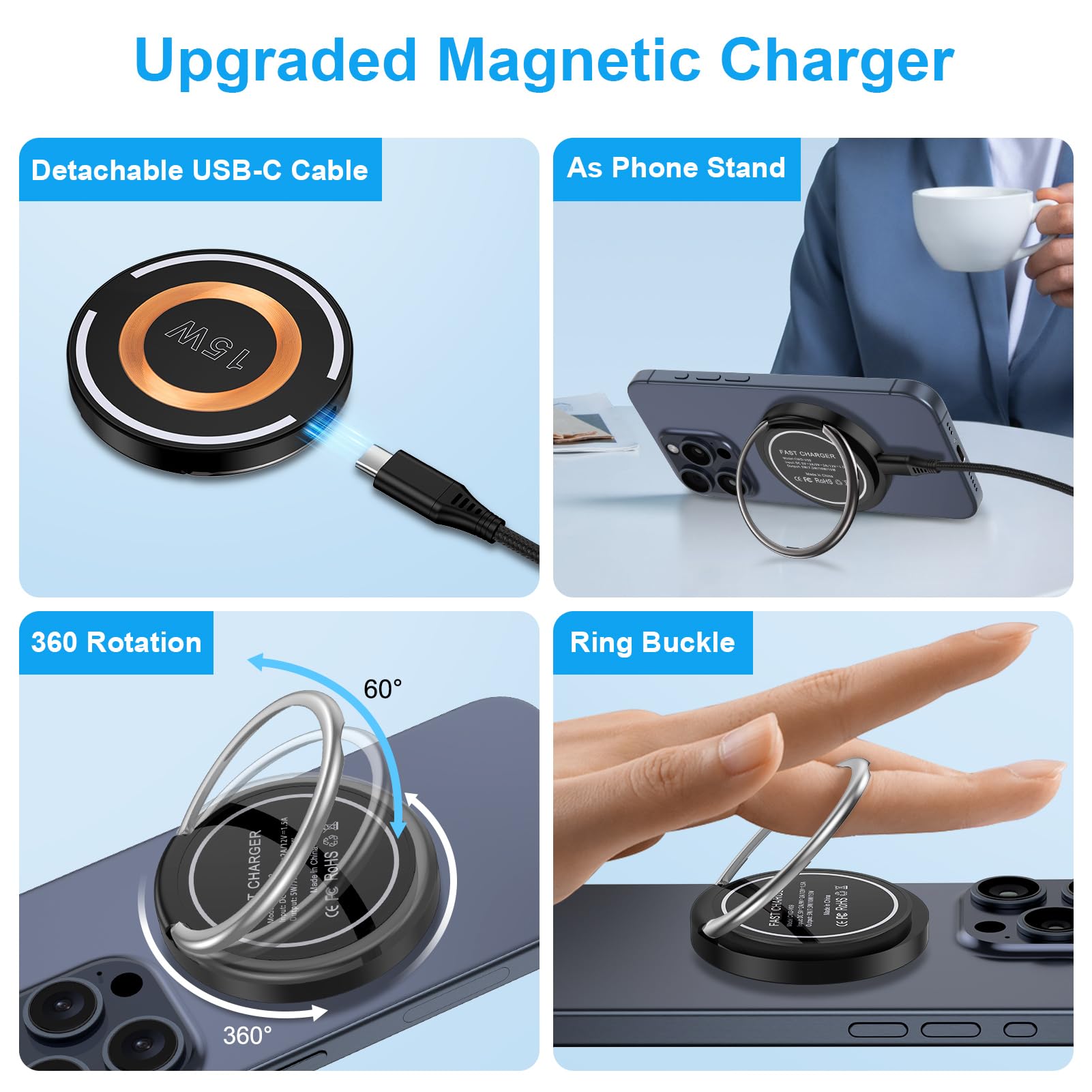 Samsung S24 Ultra 15W Fast Magnetic Wireless Charger - Magsafe Charging Pad & Stand with USB C Block for Galaxy S25 Plus/Z Flip6/Fold6/S24FE/S23/S22, iPhone 16/15 Pro Max, Pixel 9/8/7 - Perfect for Home, Office & Travel Charging