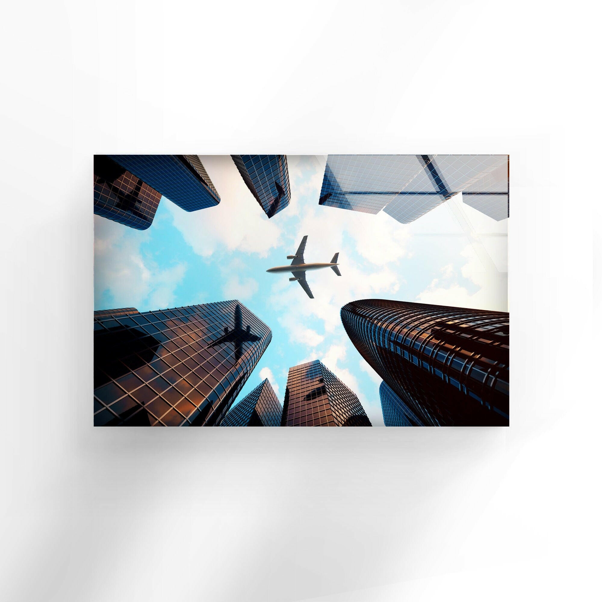 Modern City Skyline & Airplane Glass Wall Art - Urban Decor for Living Room, Office & Bedroom