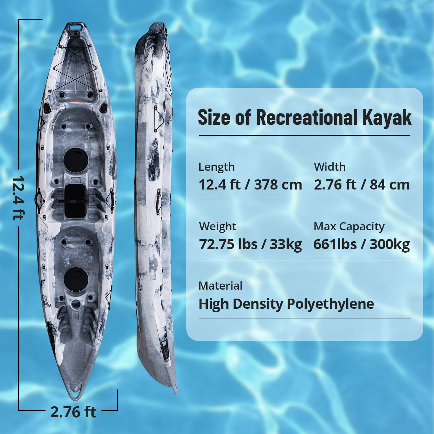 **12.4Ft Tandem Fishing Kayak for 2-3 Persons - Sit-on-Top Hard Shell Recreational Kayak with Paddle & Large Rear Storage - Perfect for Ocean, Lakes & Rivers - Ideal for Fishing, Camping & Family Adventures**