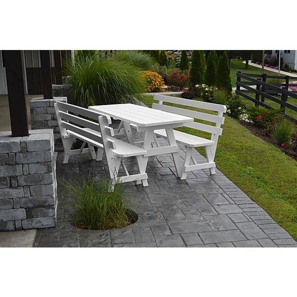 6ft & 8ft Yellow Pine Wood Picnic Table with 2 Backed Benches - Outdoor Dining, Backyard BBQ, Park & Camping Furniture for Family Gatherings